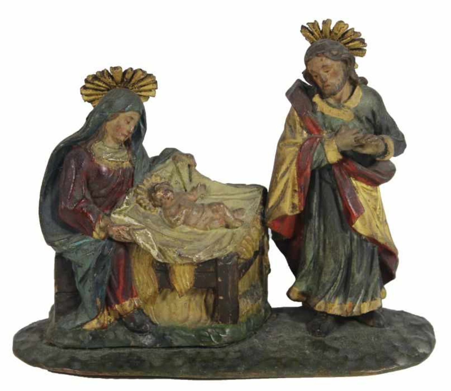 Figurengruppe - wohl alpenländisch 19.Jahrhundert "Geburt Christi", Holz geschnitzt, gefaßt und