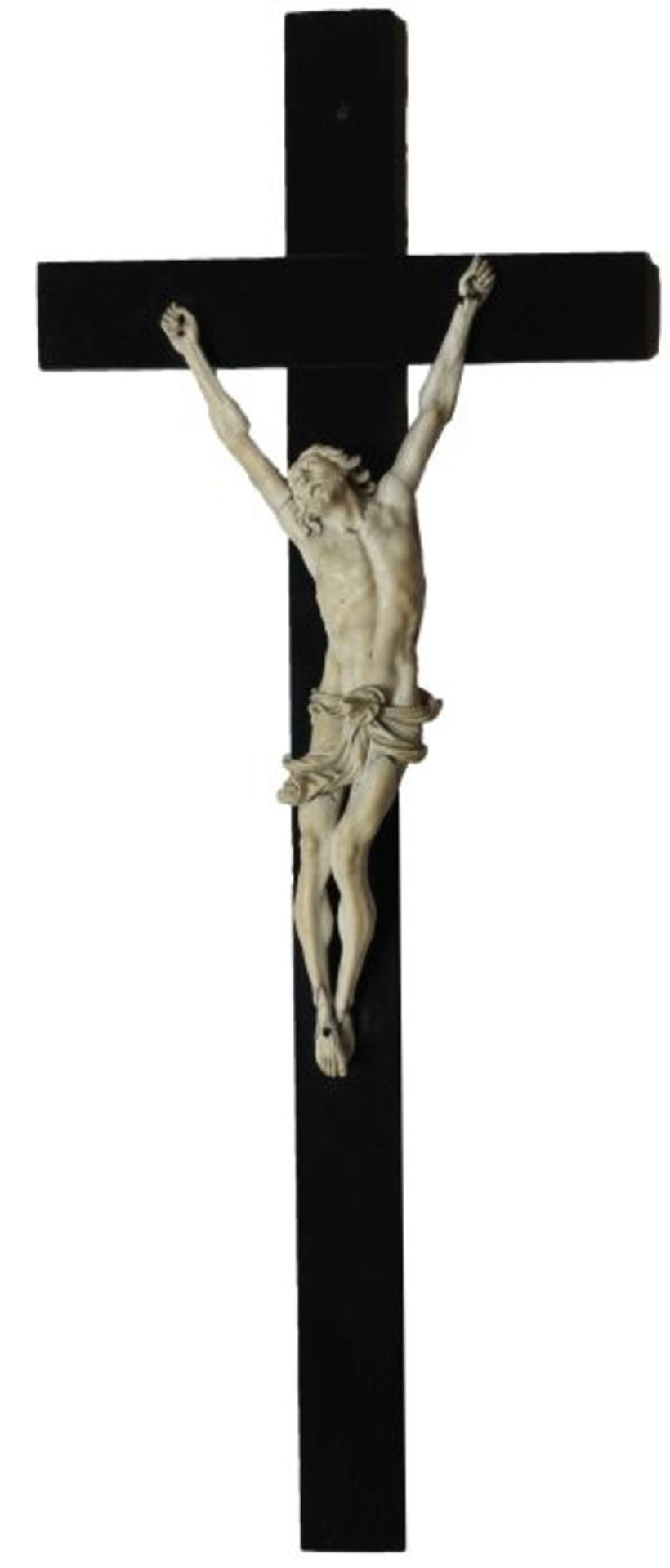 Kreuz aus dem 19.Jahrhundert Elfenbein geschnitzt, Korpus Christi als Dreinageltypus, Haupt mit