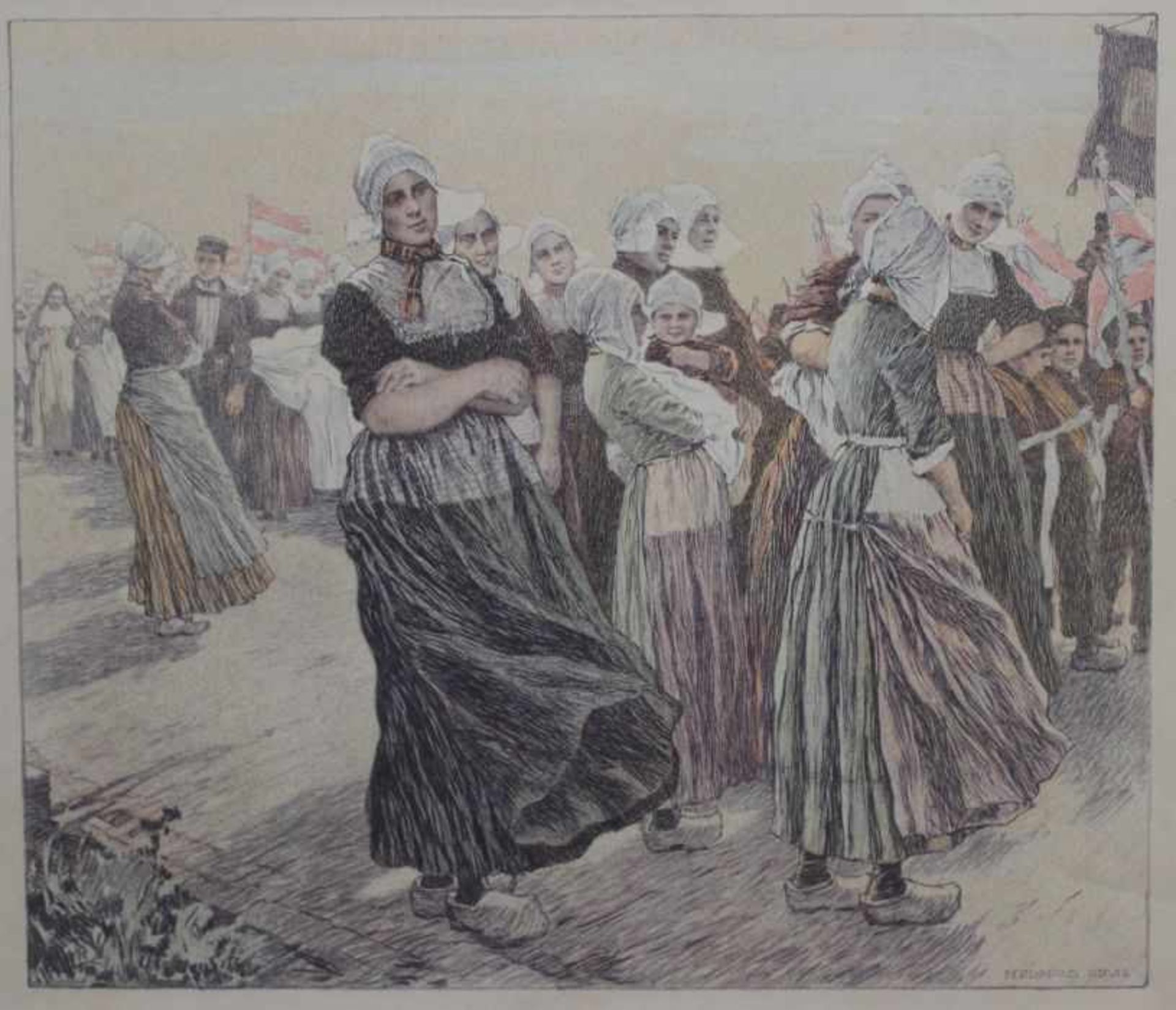 Farblithographie - Ferdinand Kruis (1869 Pisek/Böhmen - 1944 Insbruck) " Prozession in Voledam ",