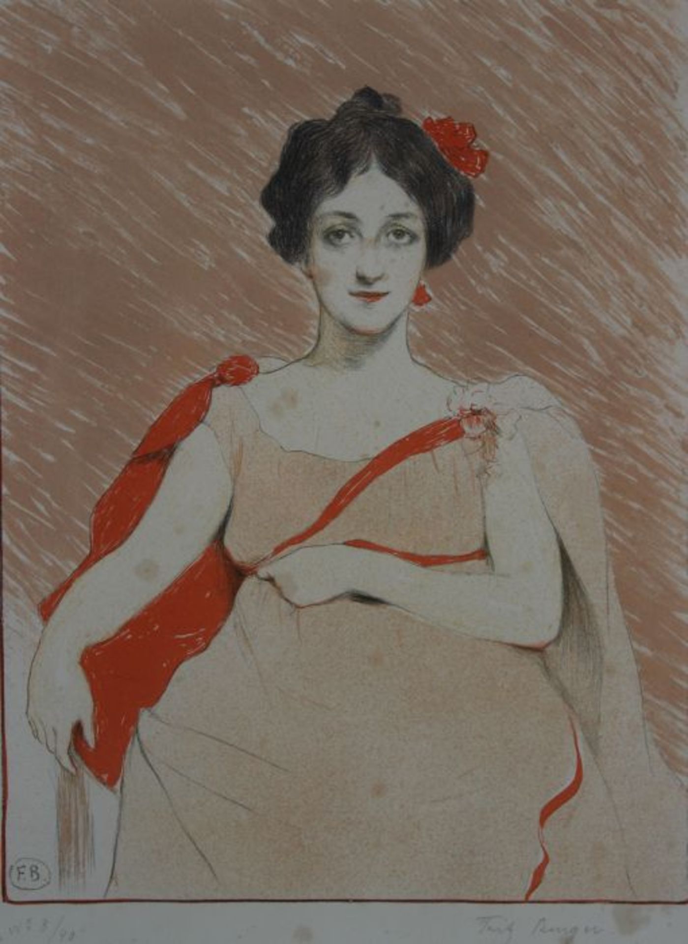 Farblithographie - Fritz BURGER (1867 München -1927 Dürnbach am Tegernsee) "Junge Dame mit roter