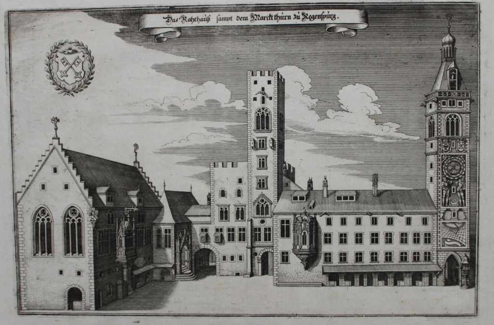 Kupferstich - Matthäus Merian (1593 Basel - 1650 Langenschwalbach) "Das Rathaus mit Marktturm zu