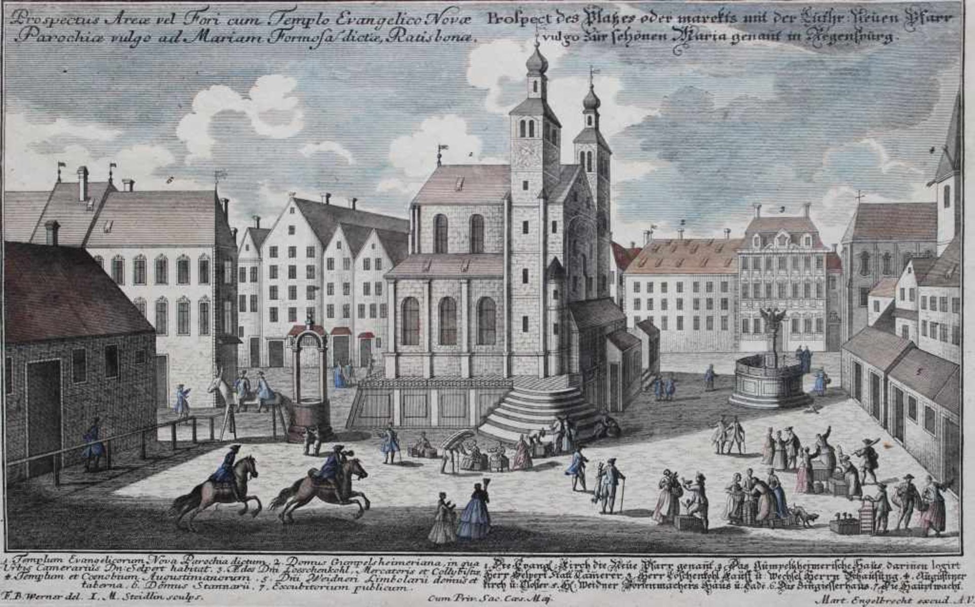 Radierung - Johann Matthias Steidlin (1717 - 1754) "Prospekt Regensburg / Neupfarrplatz", Verleger