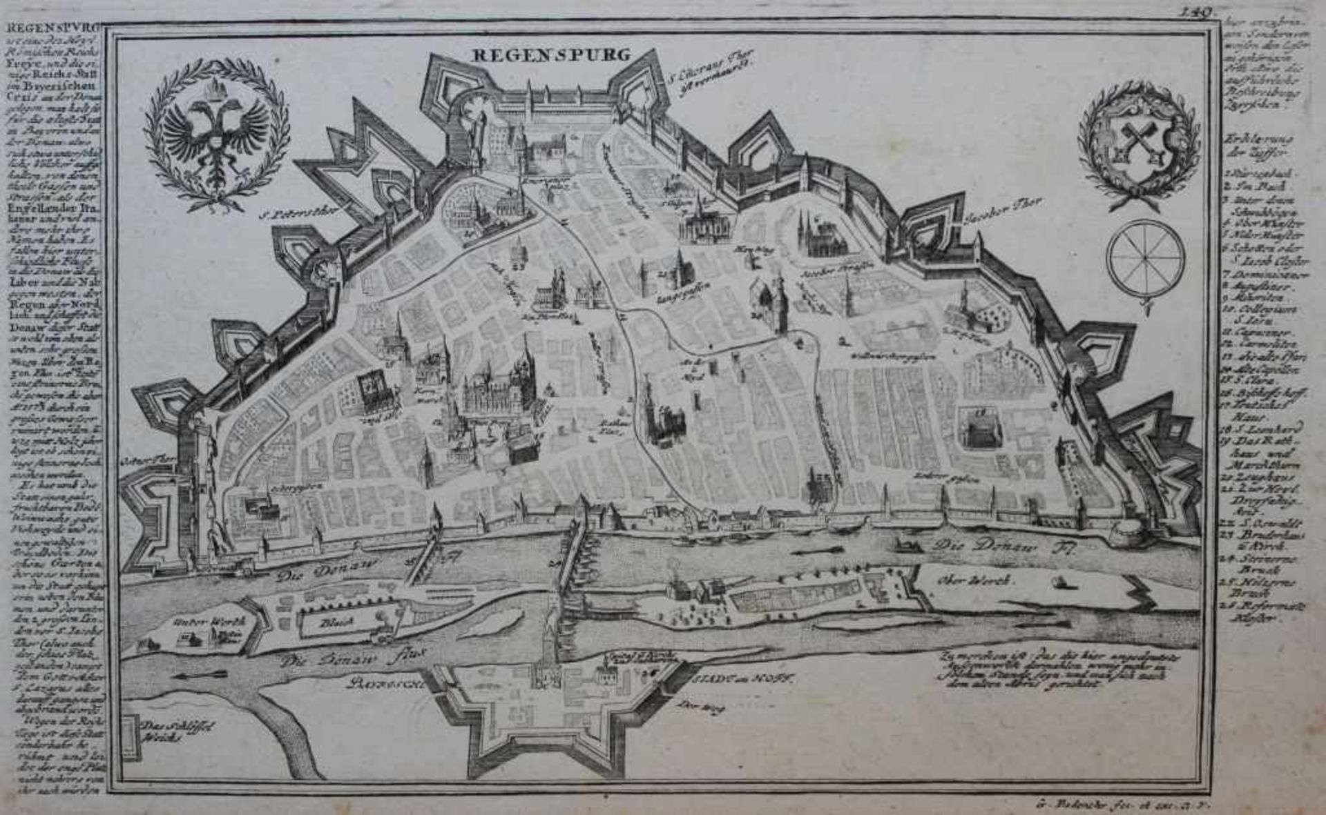 Kupferstich - Gabriel Bodenehr (17./18.Jahrhundert) "Regensburg aus der Vogelperspektive, nebst