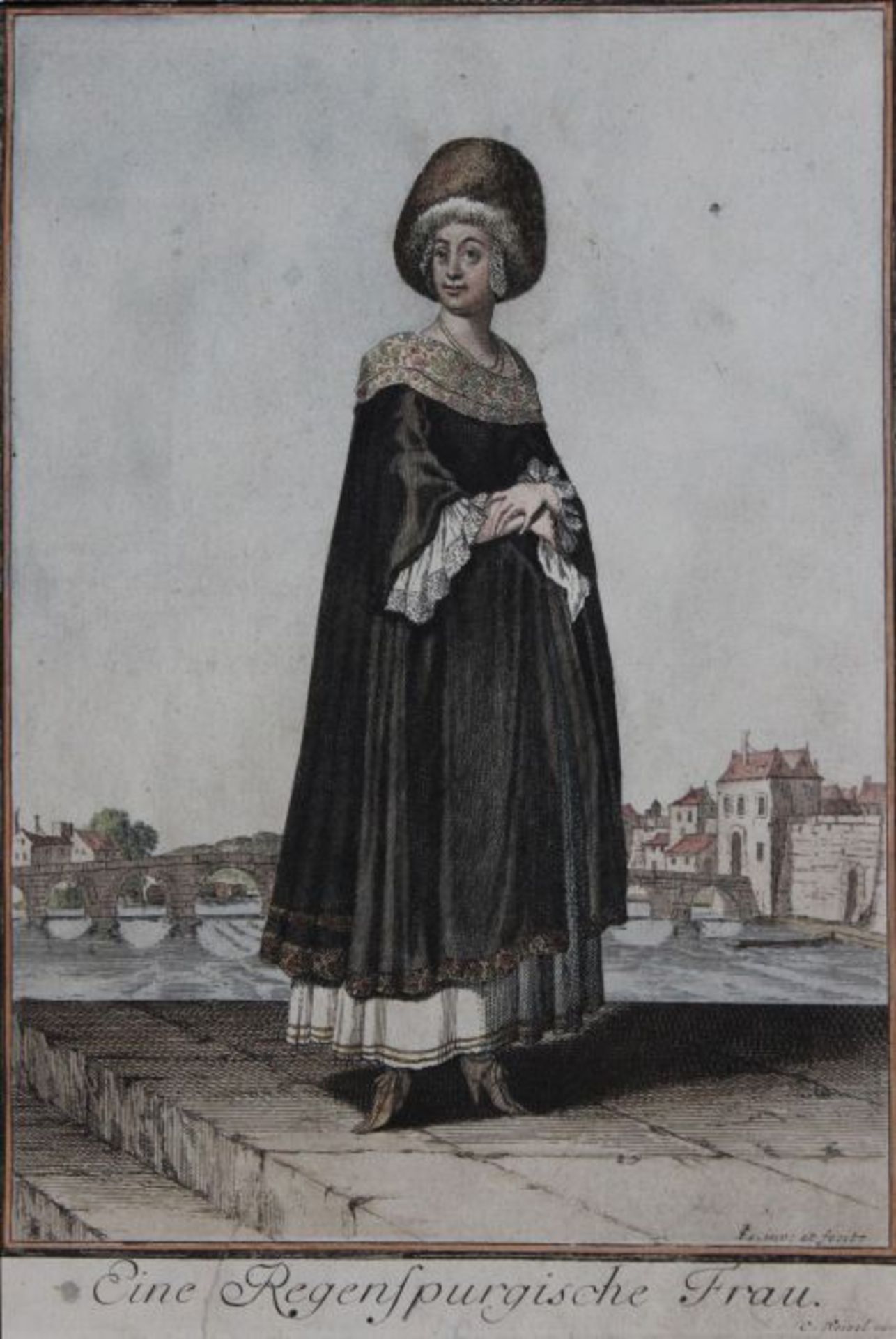 Kupferstich - Caspar Luyken (1672-1708 Holland) "Eine Regensburger Frau vor Stein. Brücke",