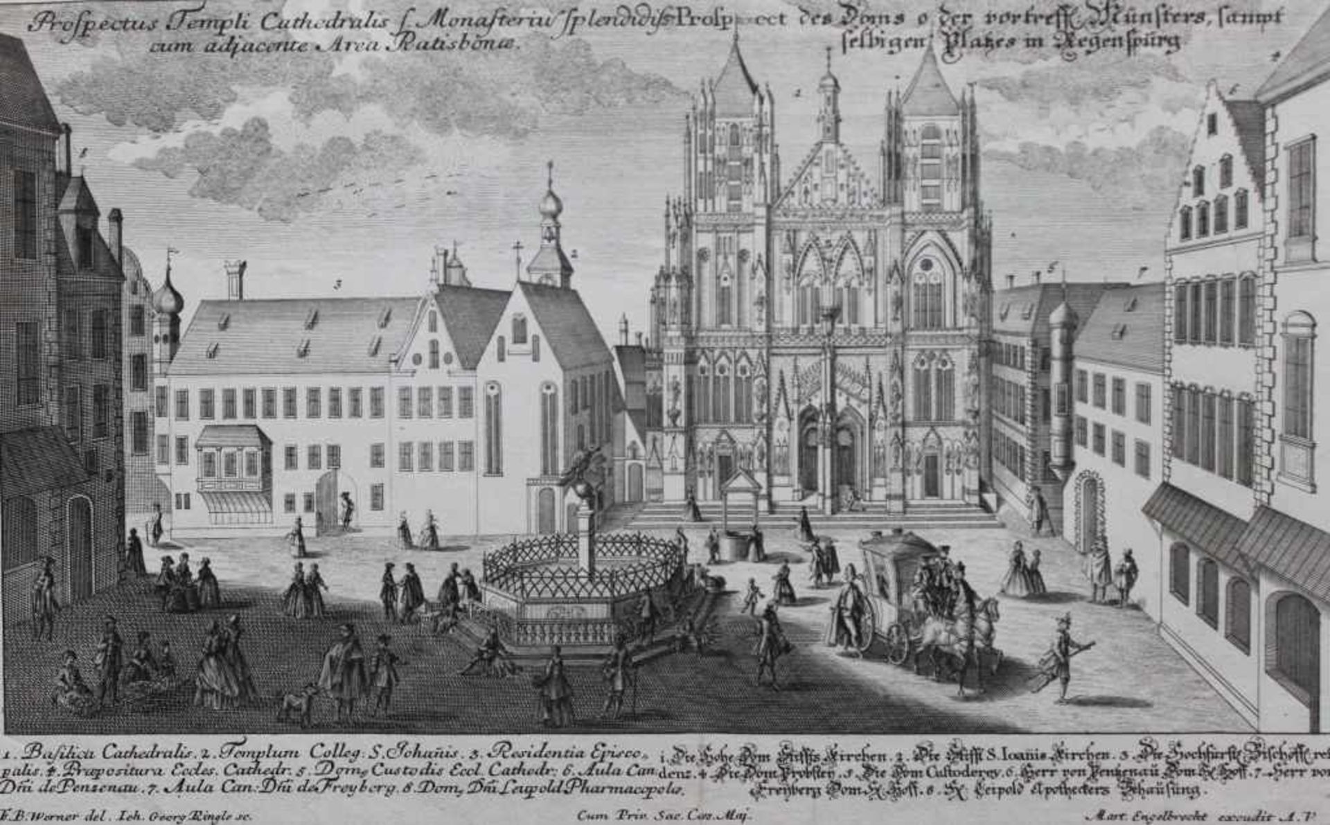 Radierung - Johann Georg Ringlin (c.1691-c.1761) "Prospekt Regensburg / Domplatz", Verleger Martin
