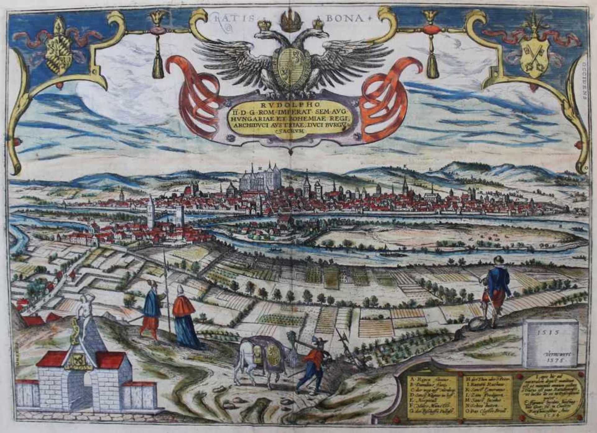 Kupferstich - Jacob Houfnagel (1573 - Antwerpen - c.1630) "Ratisbona - Nordansicht der Stadt, im