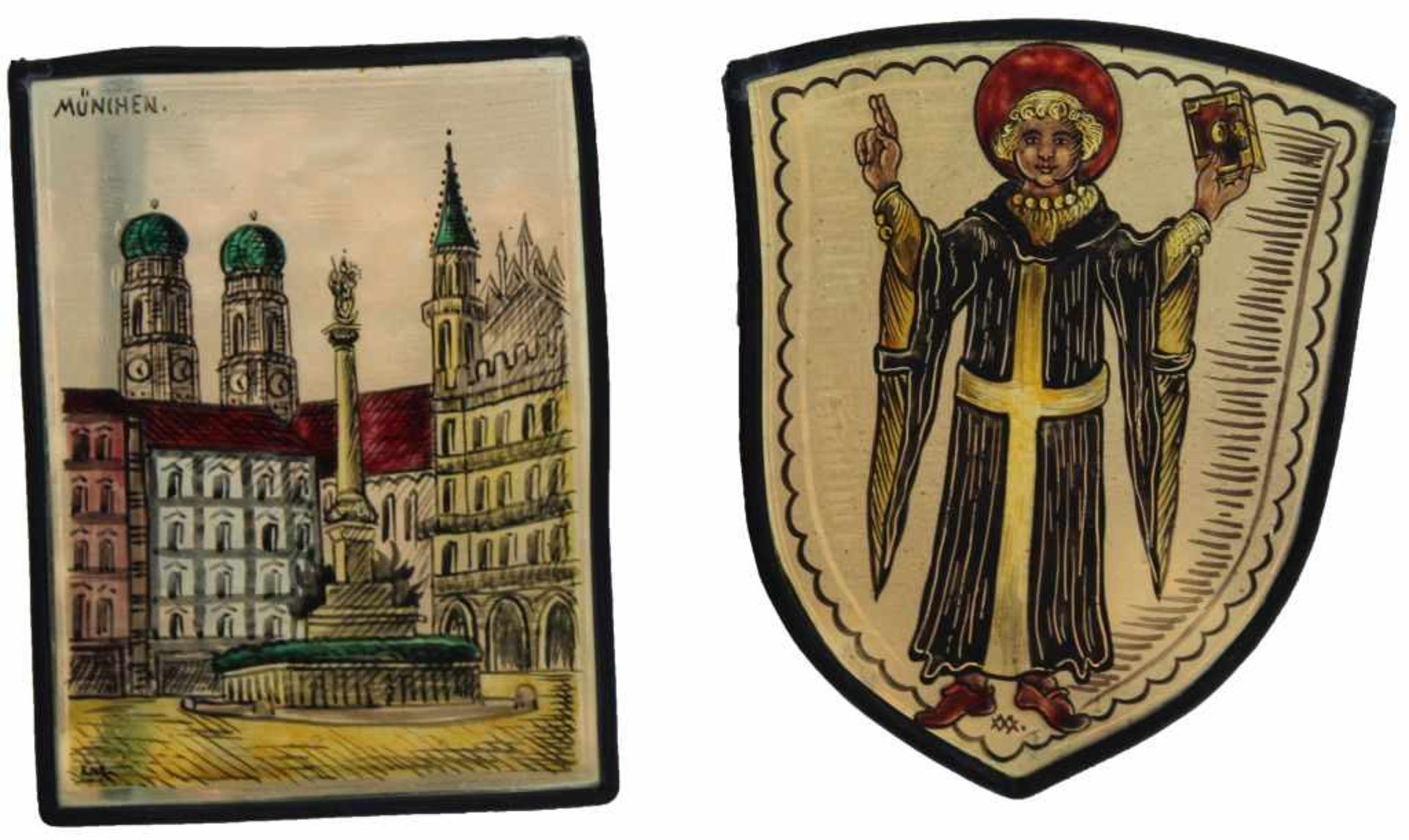 Paar Bleiverglasungen aus dem 20.Jahrhundert ""München mit Frauenkirche und Münchner Kindl", Höhe