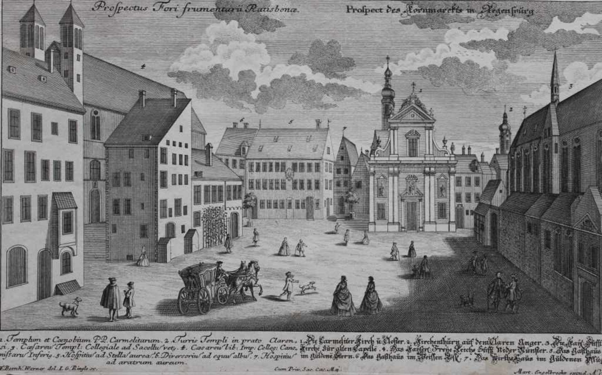 Radierung - Johann Georg Ringlin (c.1691-c.1761) "Prospekt Regensburg / Kornmarkt", Verleger