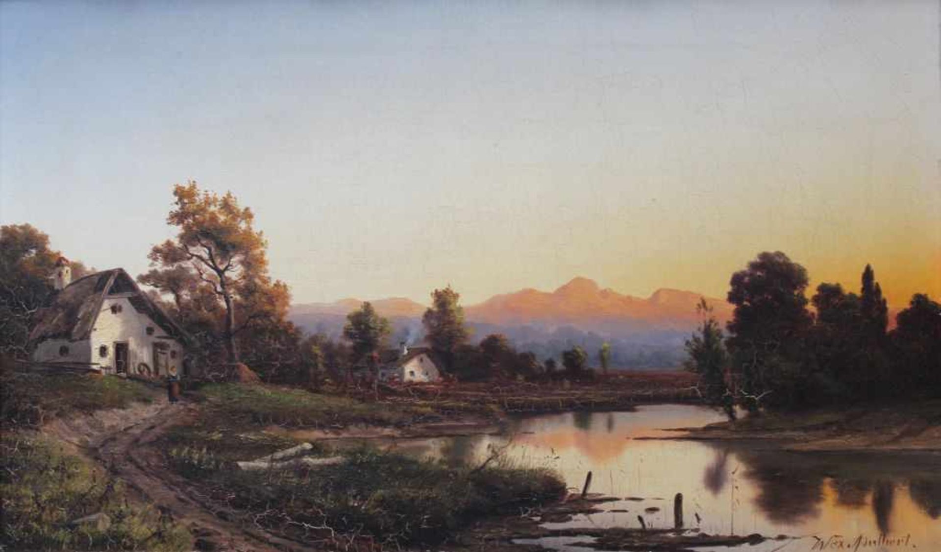 Gemälde - Adalbert Wex (1867 - München - 1932) " Landschaftskulisse bei Abendrot, im Vordergrund
