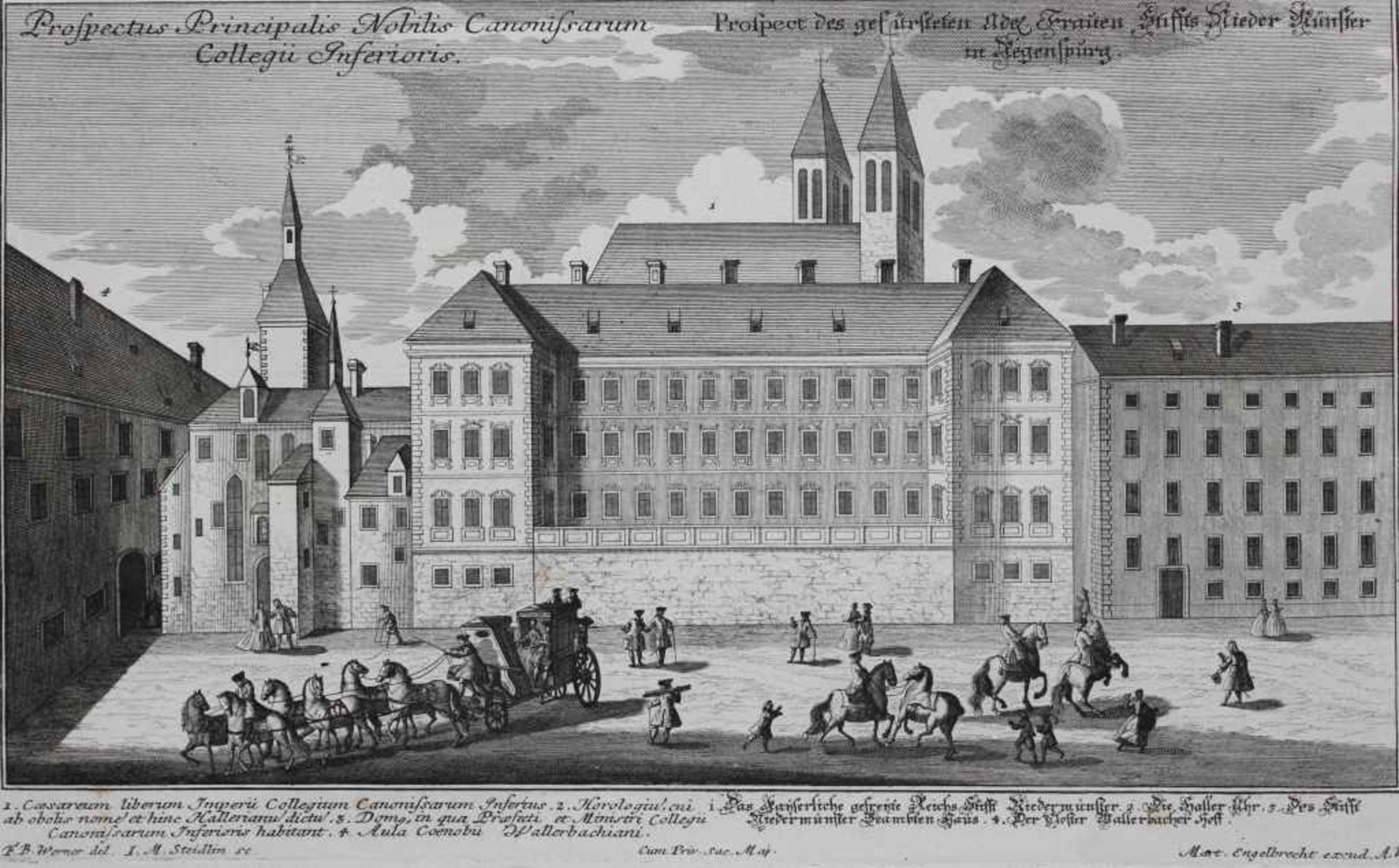 Radierung - Johann Matthias Steidlin (1717 - 1754) "Prospekt Regensburg / Stift Niedermünster",