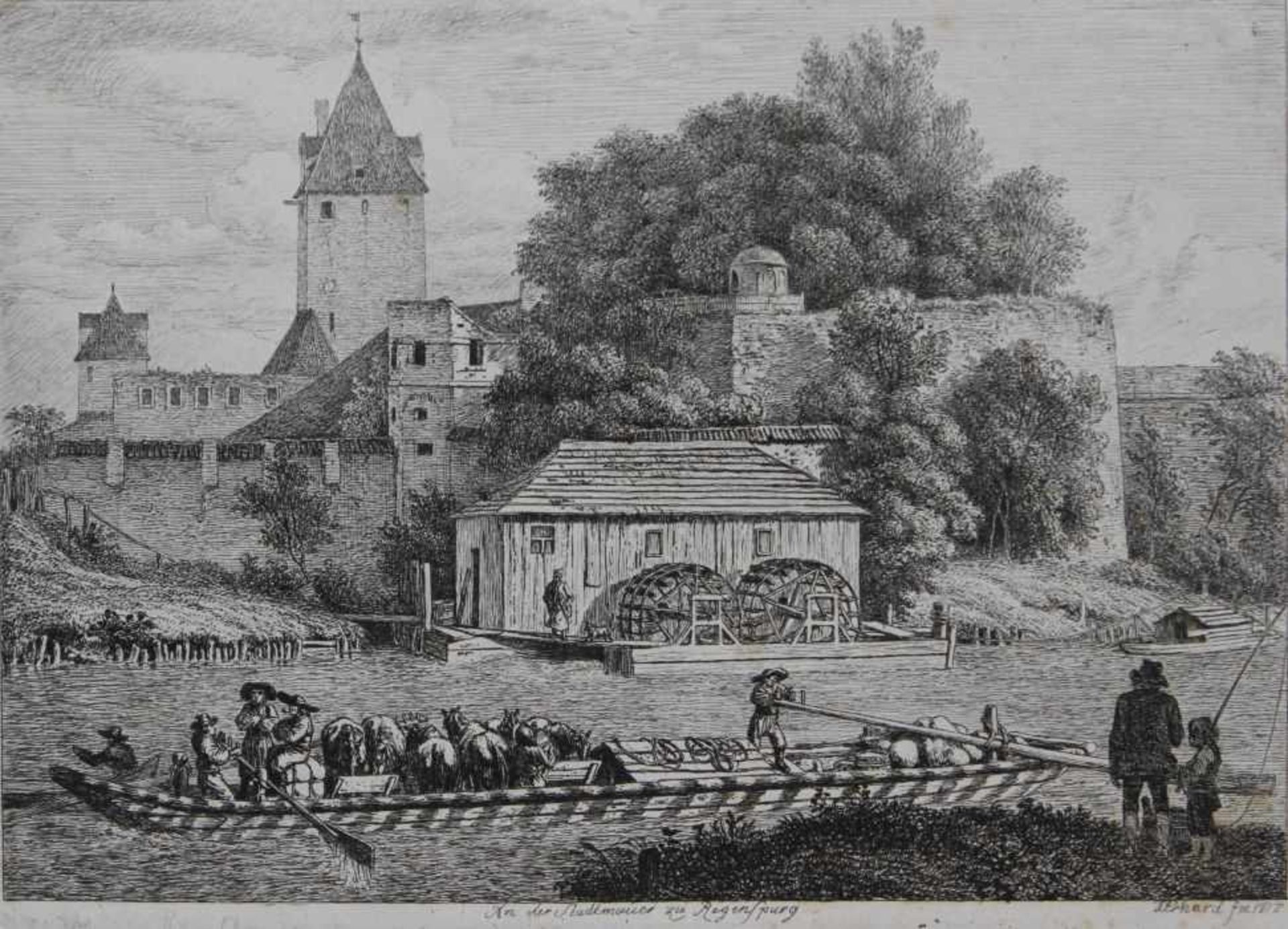 Radierung - Johann Christoph Erhard (1795 Nürnberg - 1822 Rom) "An der Stadtmauer zu Regensburg",