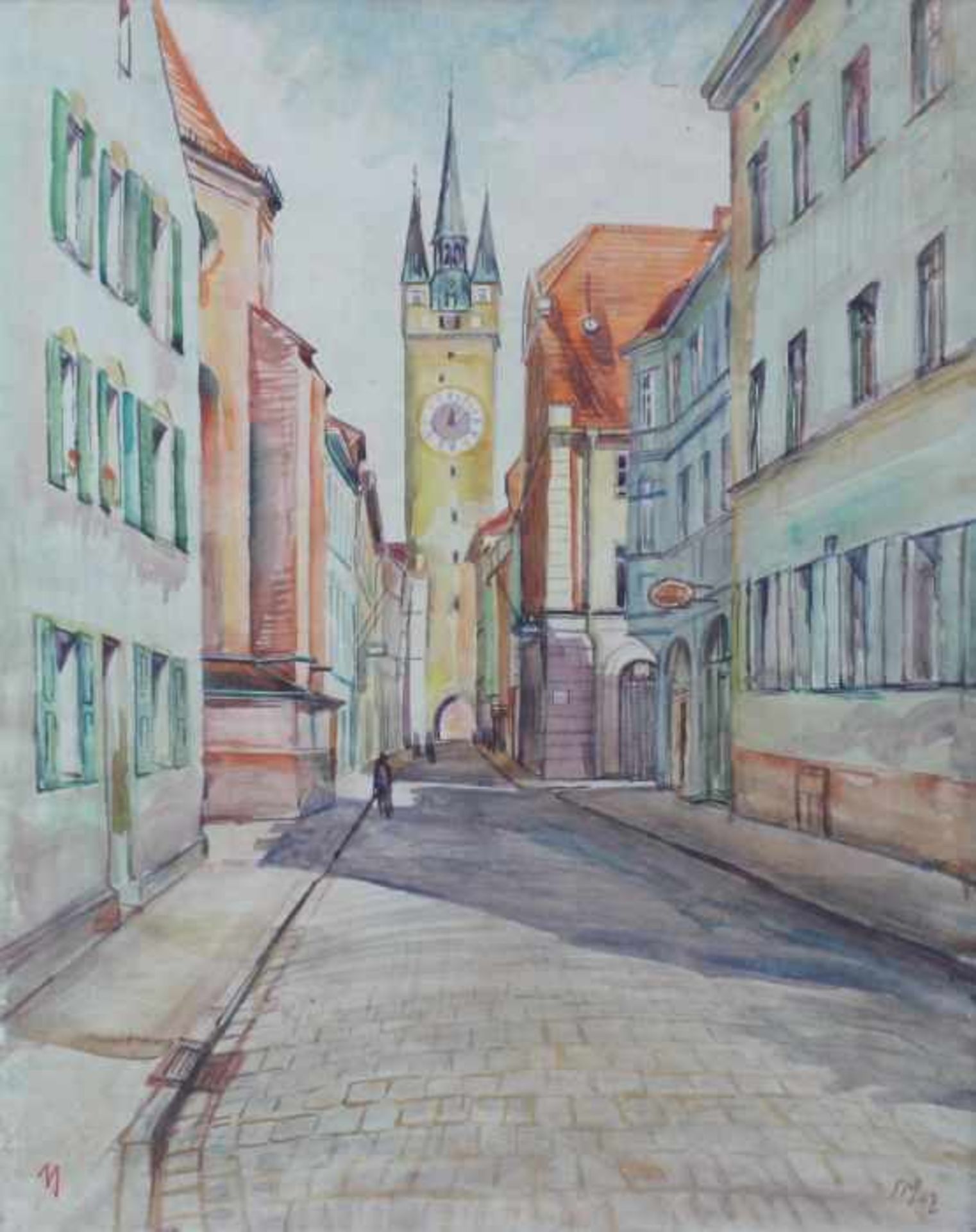 Aquarell - Josef Georg Miller (1905 Augsburg - 1983 Kallmünz) "Straubing - Steinergasse", r.u.