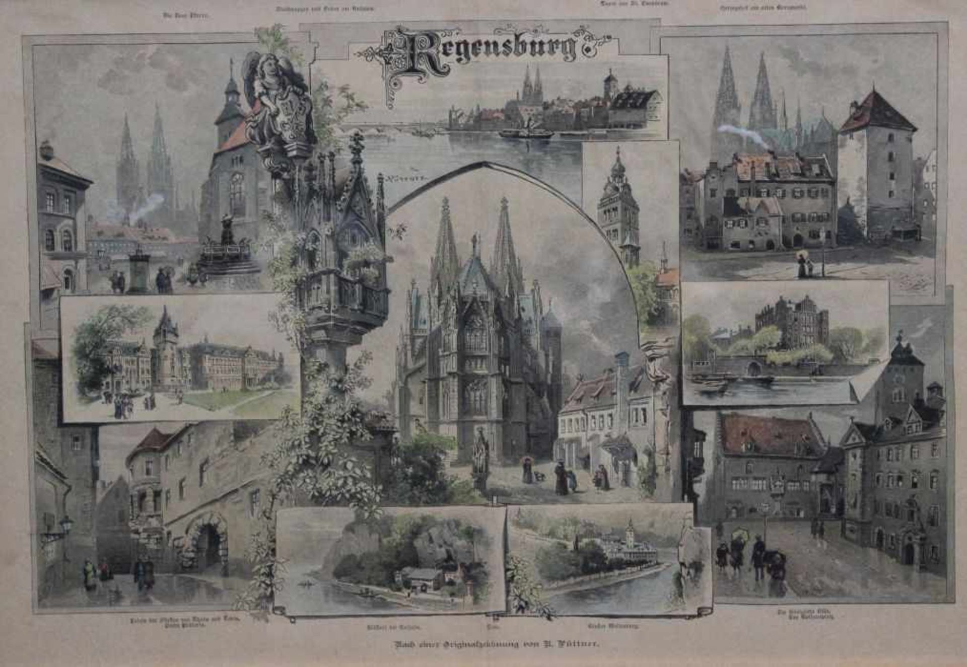 Farbholzstich nach Richard Püttner (1842 Wurzen - 1913 München) "Regensburger Ansichten", Maße ca.