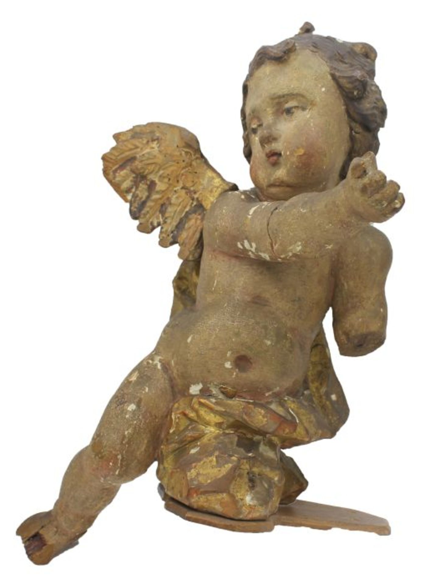 Skulptur aus dem 18.Jahrhundert "Gefl. Putto", Holz geschnitzt und gefaßt, goldene Drapierie,
