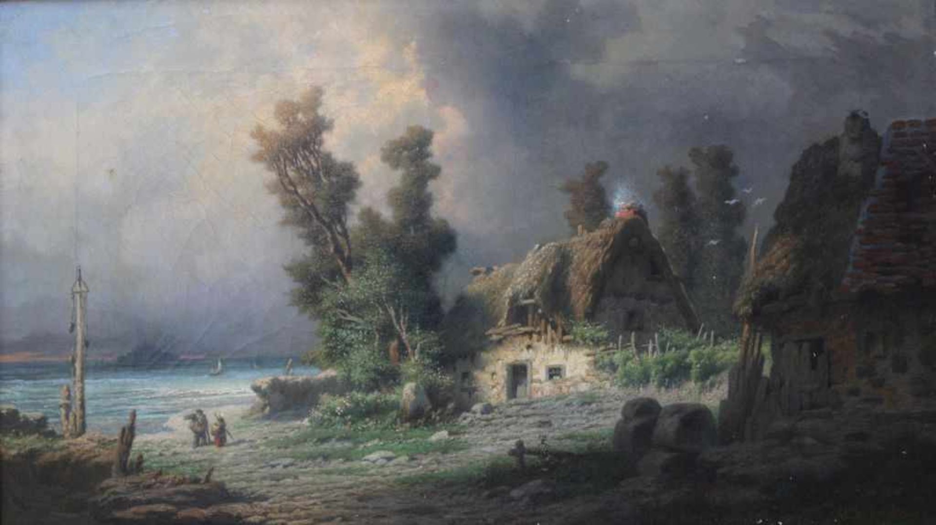 Gemälde - Alexis de Fontenay (Frankreich 1815 - 1892) "Küstenlandschaft mit Dorfansicht und