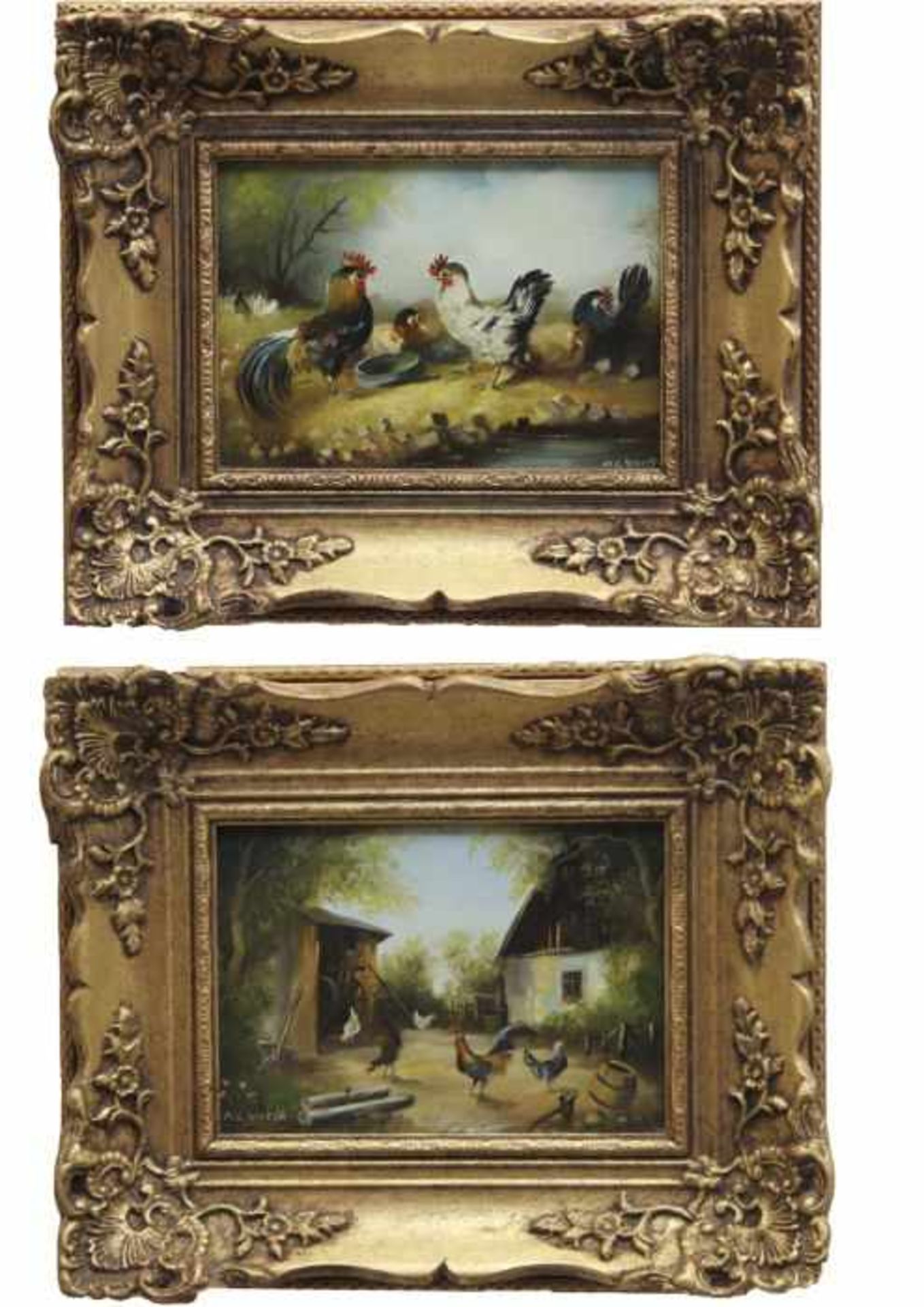 Paar Gemälde - M.L. Woelk (20.Jahrhundert) "Hühnerhof und Hühner am Teich", signiert, Öl auf Platte,