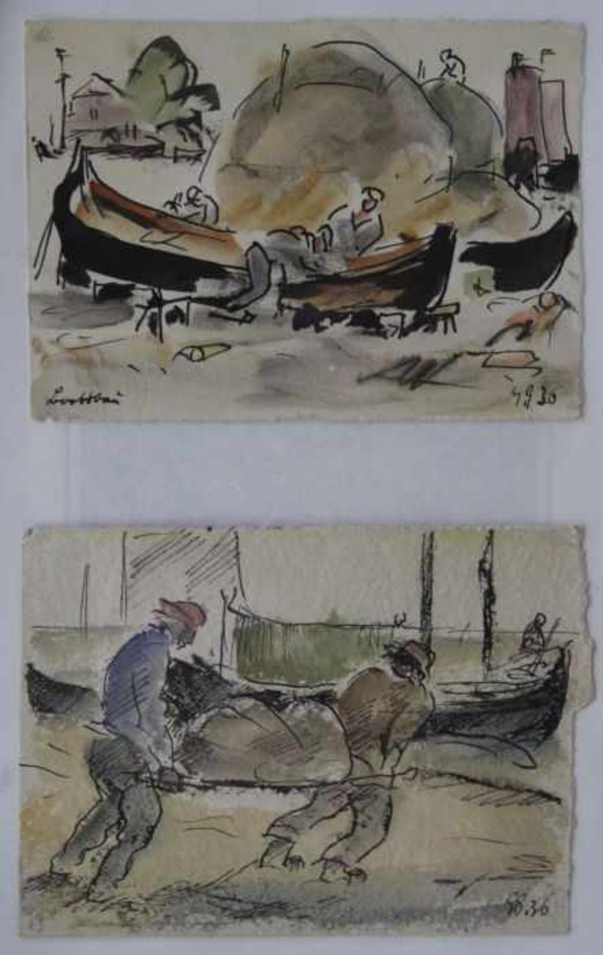 Paar Zeichnungen - Georg Gelbke (1882 Rochlitz - 1947 Dresden) "Hafenszenen", zwei Postkarten an