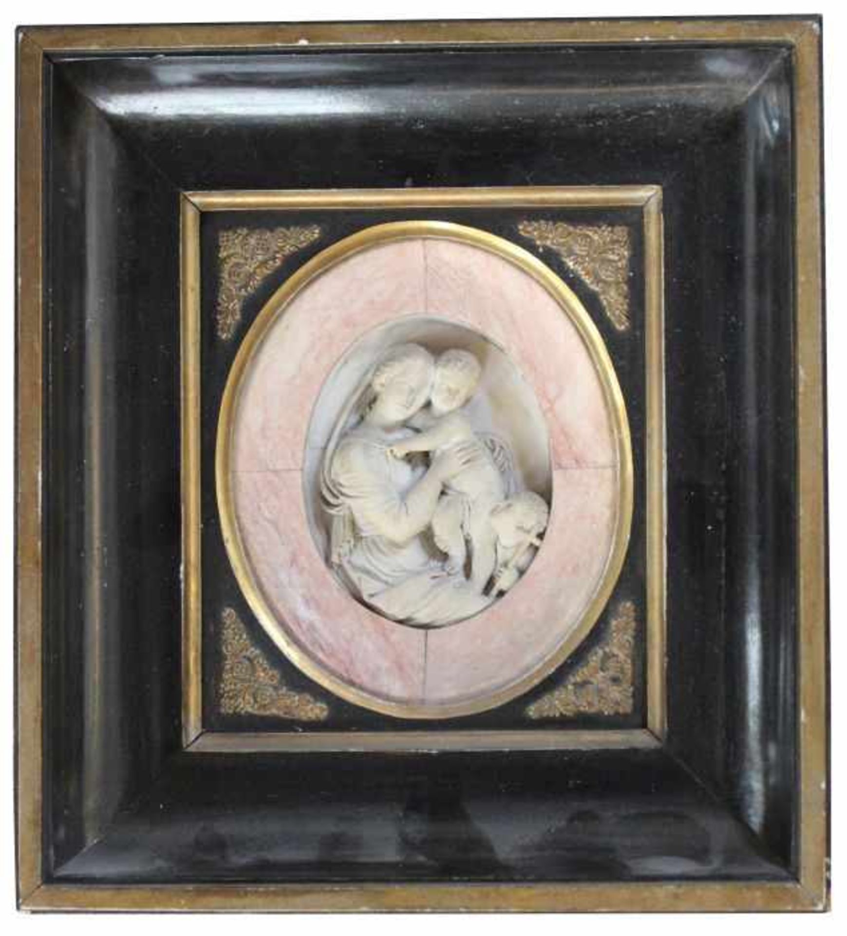 Relief um 1900 "Maria mit Kind und Johannes", Gips, d.= ca. 11 cm, Rahmen, Maße ca. 29x27 cm