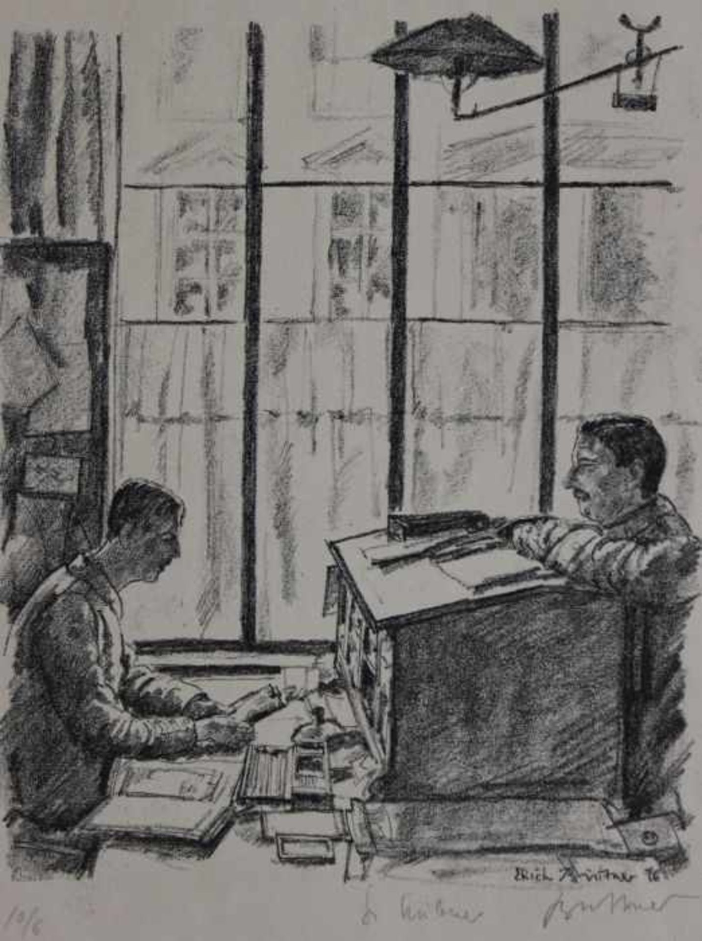 Lithographie - Erich Büttner (1889 Berlin - 1936 Freiburg) "Im Büro", r.u. Bleistiftsignatur, Nr.