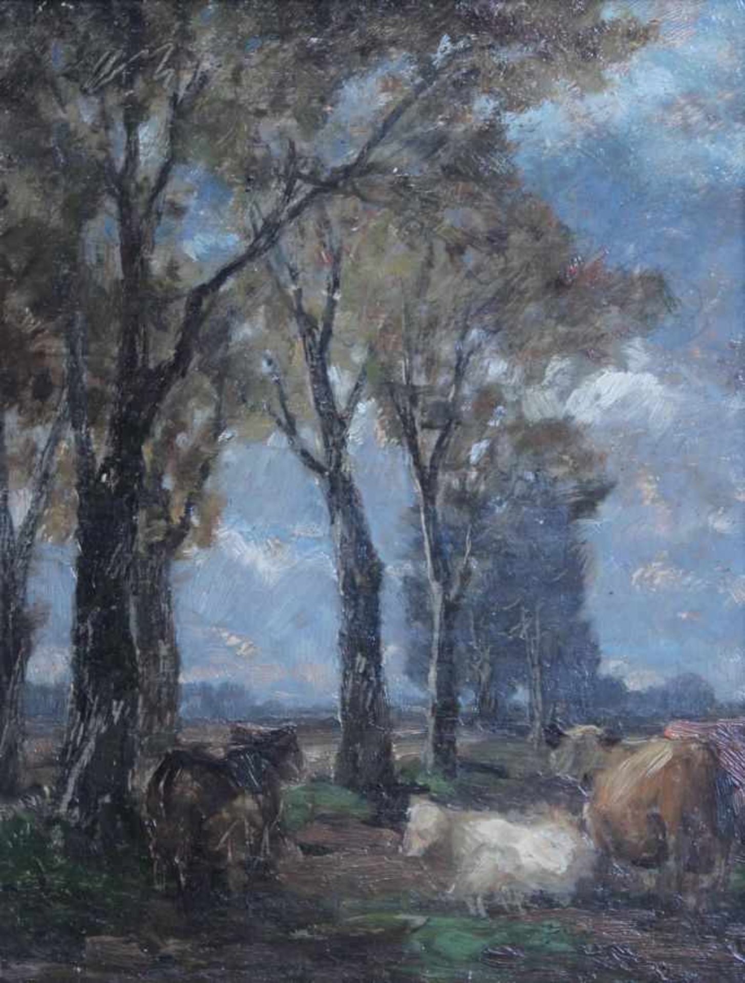 Gemälde - wohl norddeutsch 19.Jahrhundert "Allee mit Kühen", anonymer Künstler, Öl auf Holz, ca.