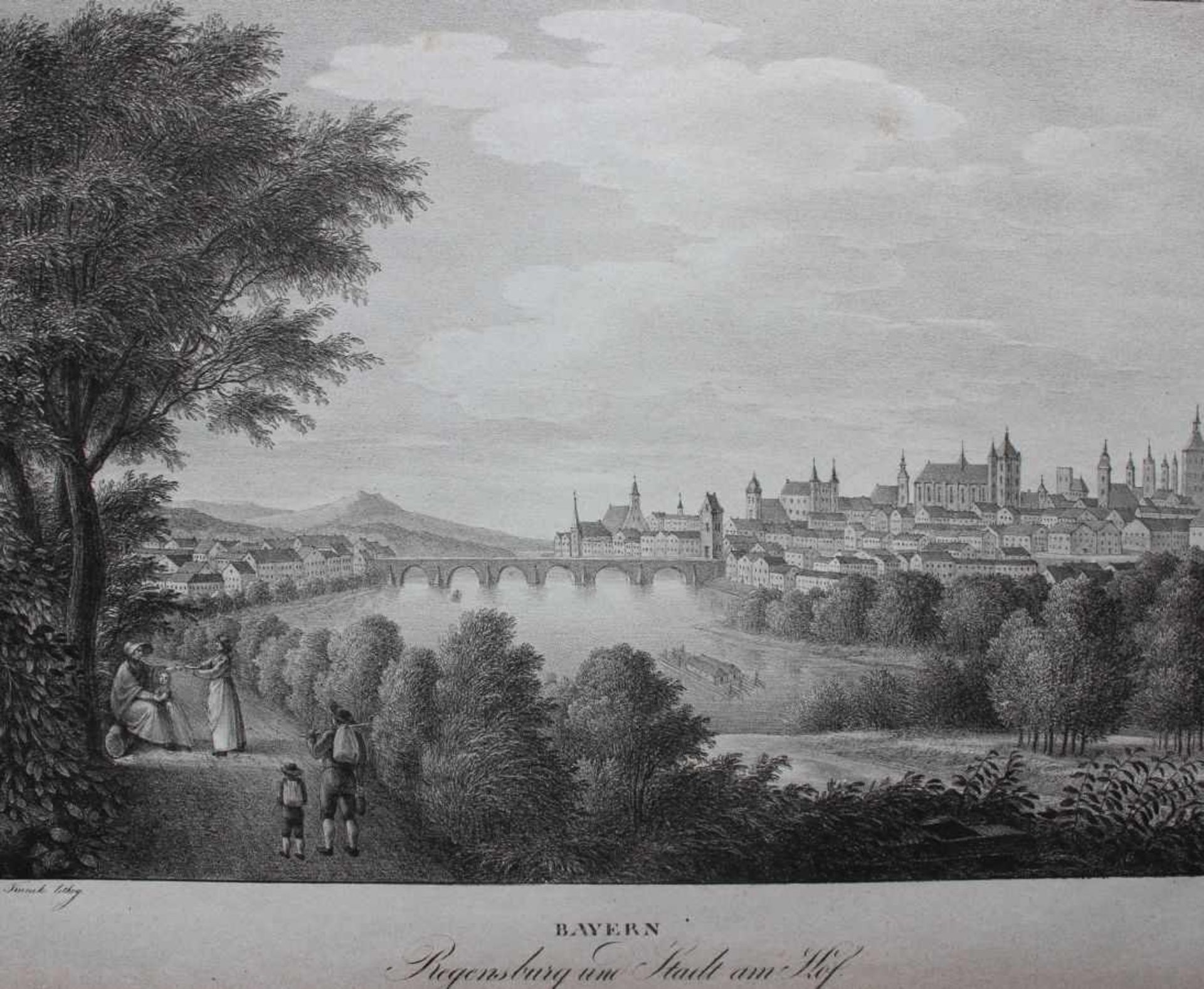 Lithographie von Adolph Kunike (1777-1838 Wien) "Stadt Regensburg und Stadt am Hof", nach einer