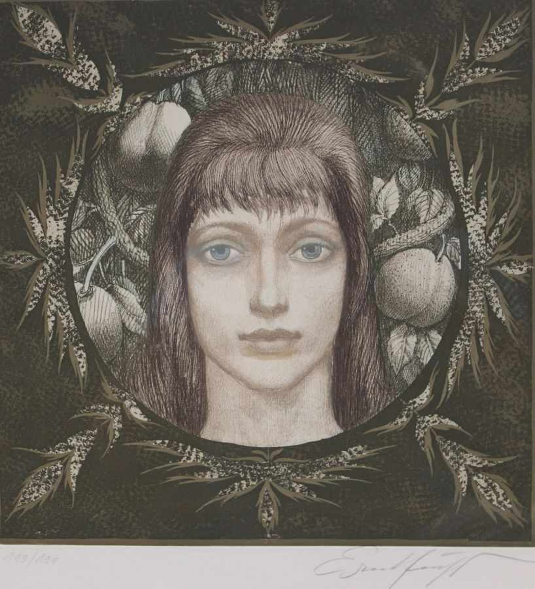 Farbradierung - Prof. Ernst Fuchs (Wien 1930 - 2015) "Mädchenbildnis mit Äpfeln", r.u.