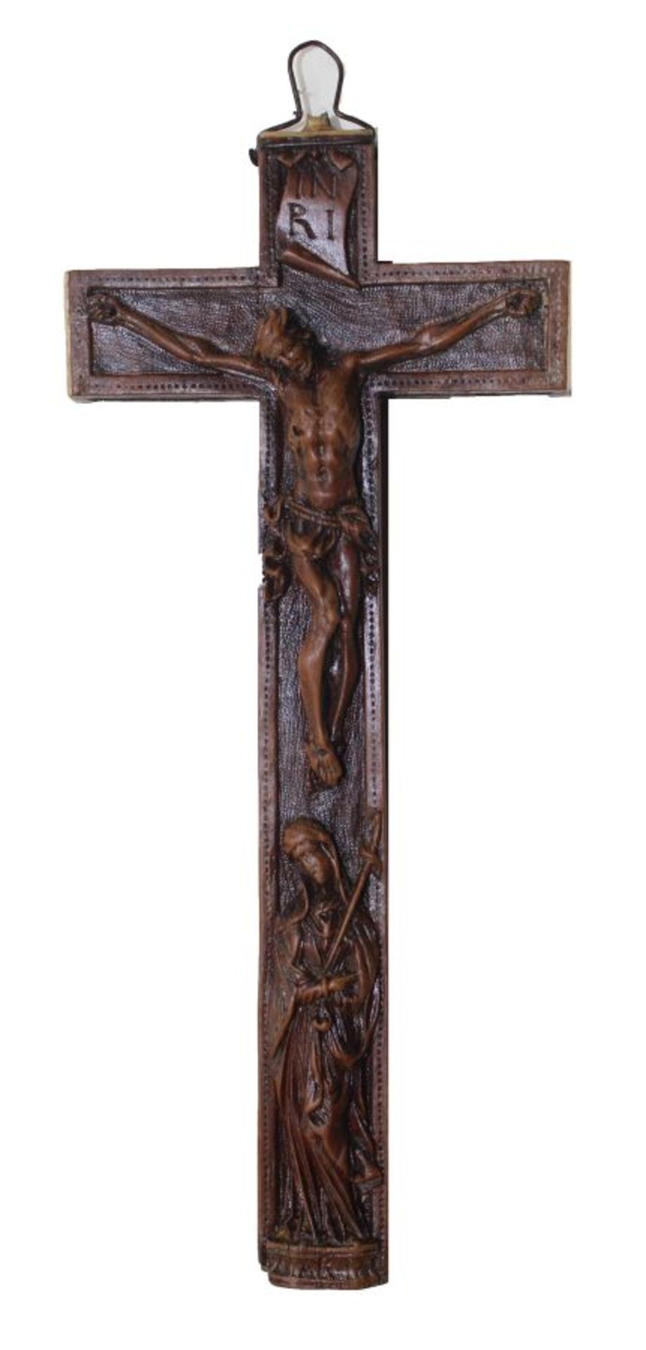 Reliquienkreuz - alpenländisch um 1800 Buchsbaum beschnitzt, "Dreinageltypus, darunter
