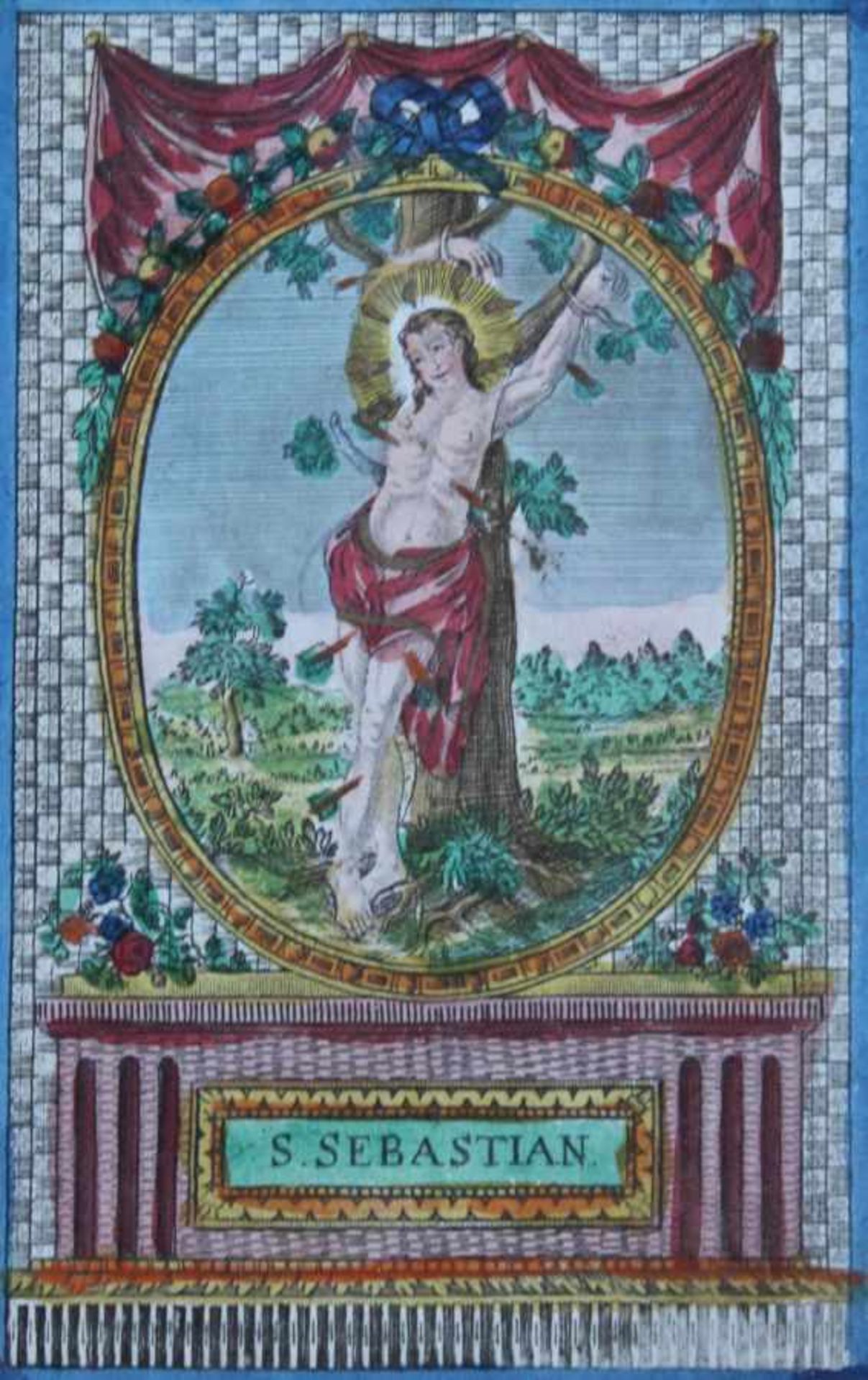 Kupferstich - wohl deutsch um 1800 "Hl. Sebastian", coloriert, Maße ca. 14x8,5 cm, Goldrahmen