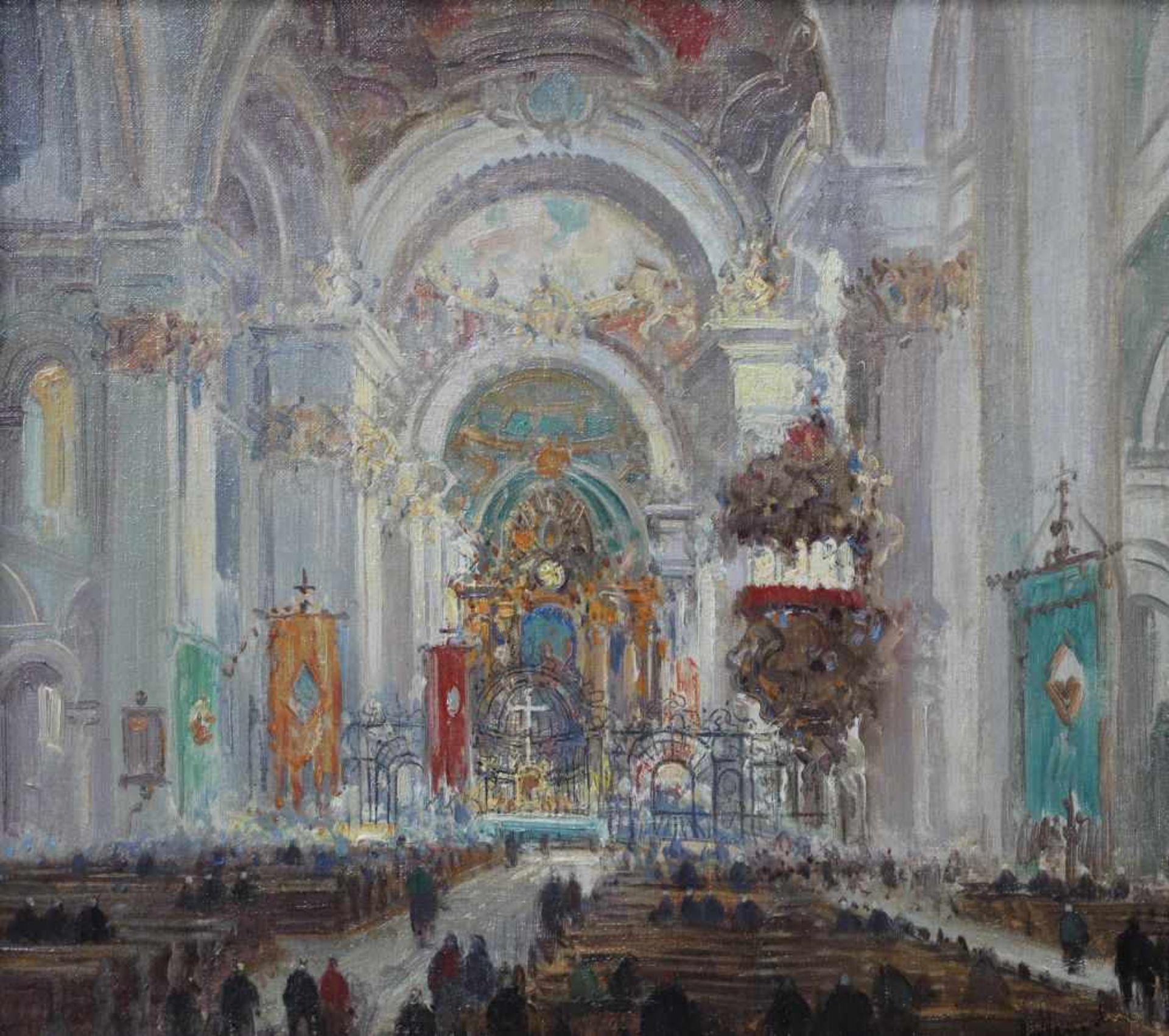 Gemälde - deutsch 20.Jahrhundert "Barocke Innenansicht der Basilika St. Martin und Oswald in