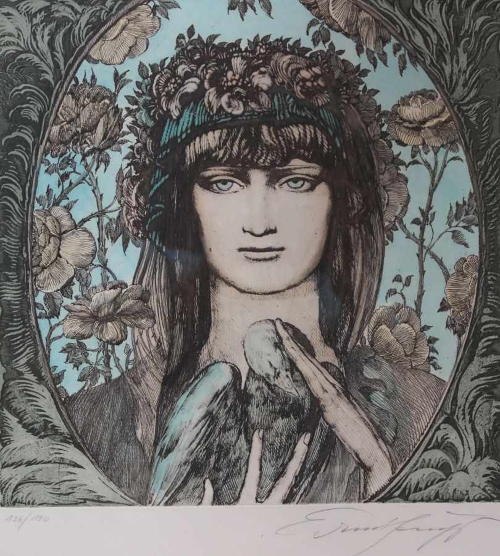 Farbradierung - Prof. Ernst Fuchs (Wien 1930 - 2015) "Mädchenbildnis mit Blumenkranz und Taube", r.