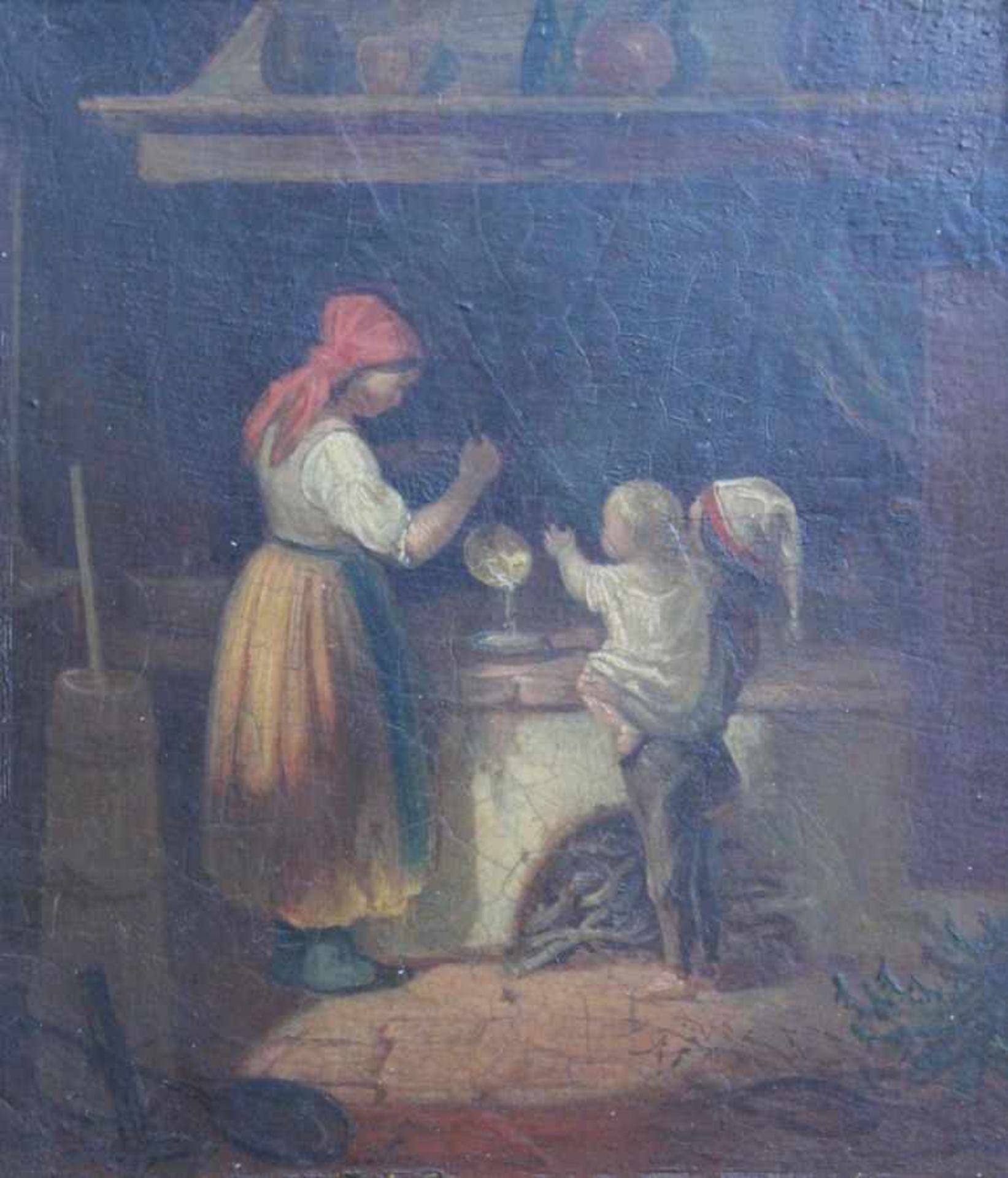 Gemälde - Bernhard Fröhlich attr. (1823 München 1885) "Stubeninterieur - Mutter bereitet den Kindern