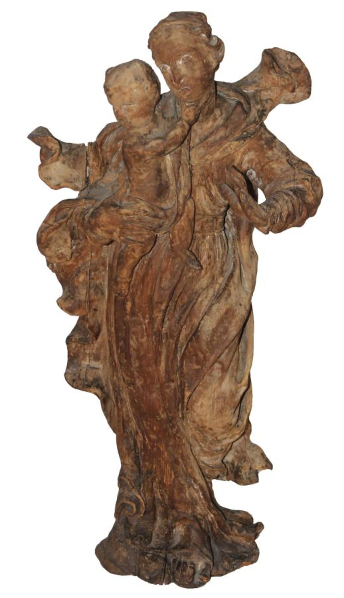 Skulptur - Barock 18.Jahrhundert "Madonna mit Kind", Holz geschnitzt, bewegte Manteldraperie über