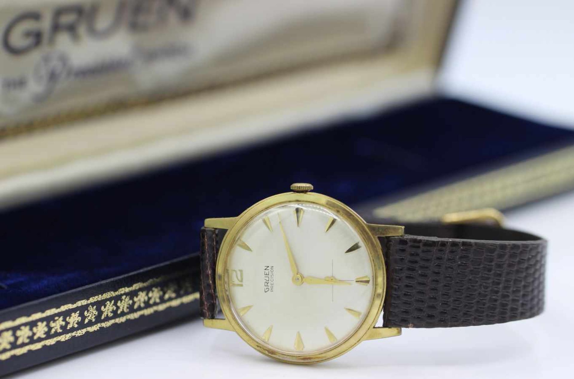 Vintage Armbanduhr Marke Gruen, Modell Precision, 60er Jahre, Gehäuse vergoldet, Durchmesser 34mm,