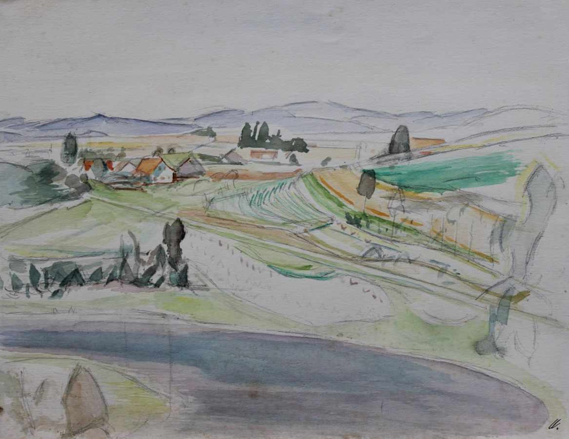 Aquarell - Kurt von Unruh (1894 Hannover - 1986 Roding) "Landschaft", r.u. monogrammiert, lasierende