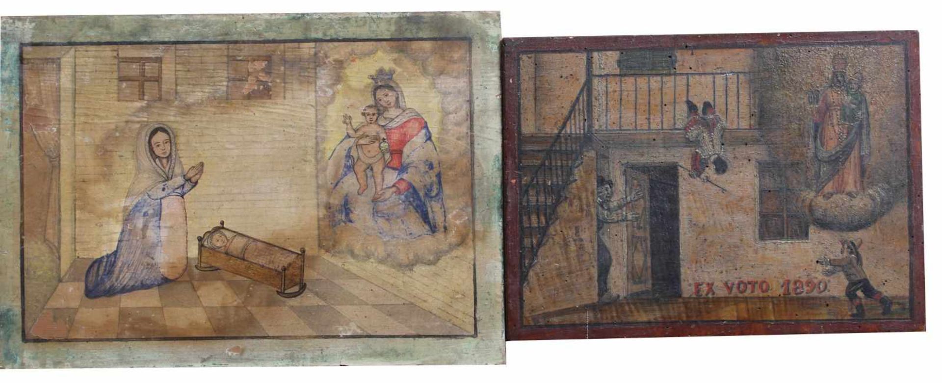 Paar EXVOTO - um 1900 versch. Szenen auf Holz, Maße ca. 24x35 und 20,5x28,5 cm, 2 Stück