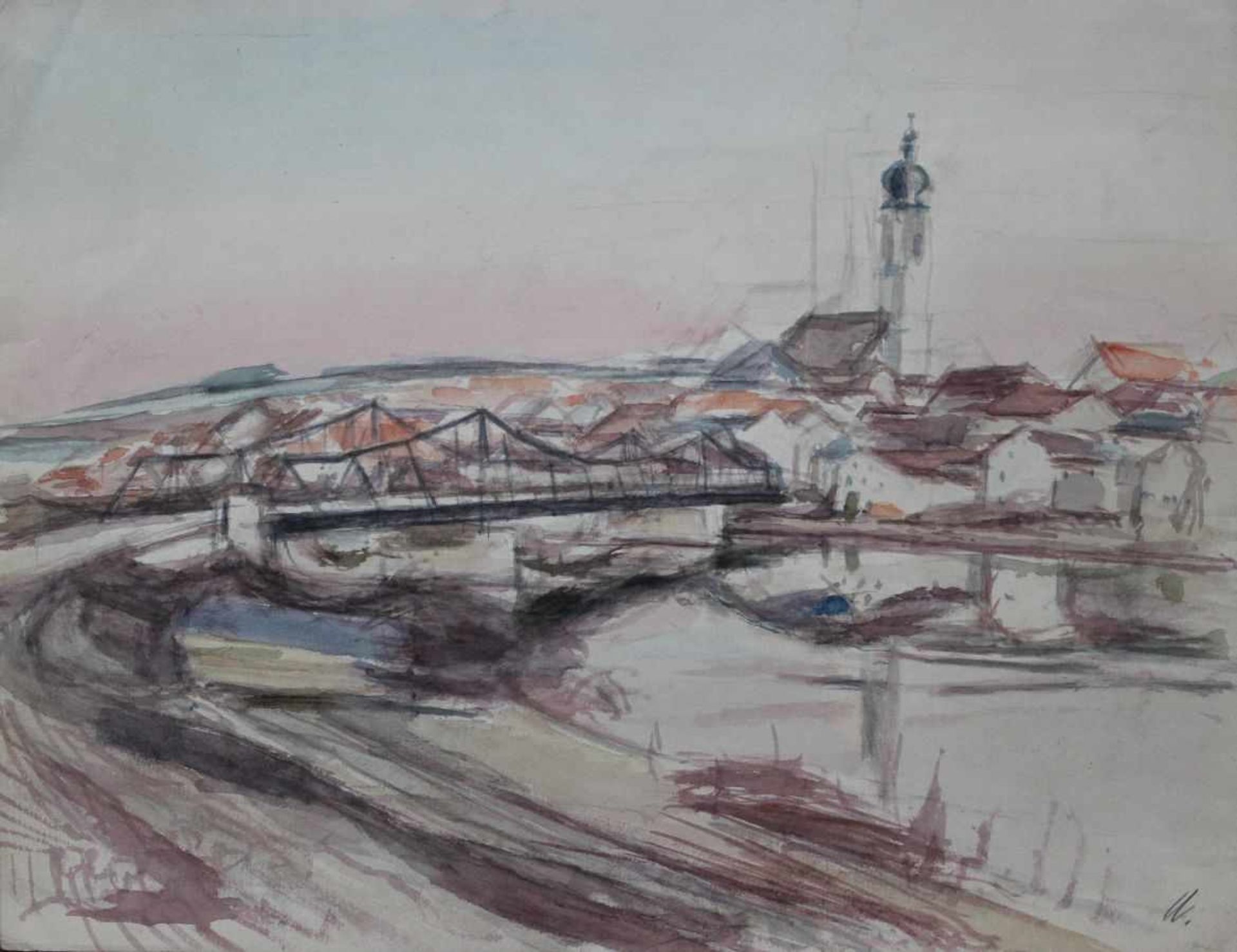 Aquarell - Kurt von Unruh (1894 Hannover - 22.02.1986 Roding) "Stadtansicht Roding", r.u.