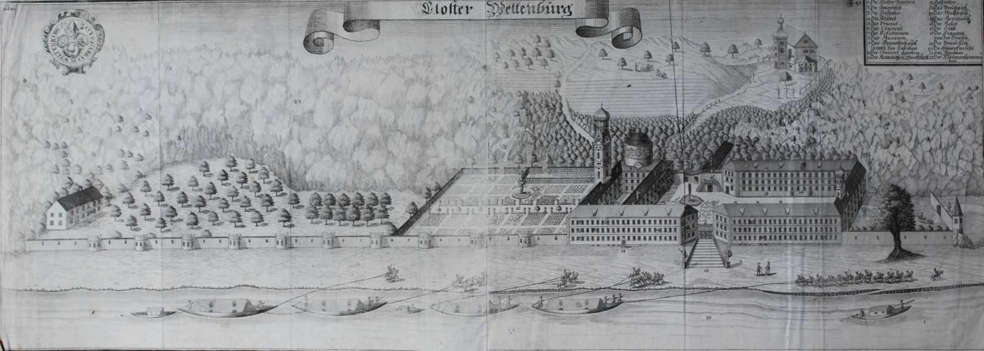 Großer Kupferstich - Michael Wening (1645 Nürnberg - 1718 München) "Kloster Weltenburg bei Kelheim",