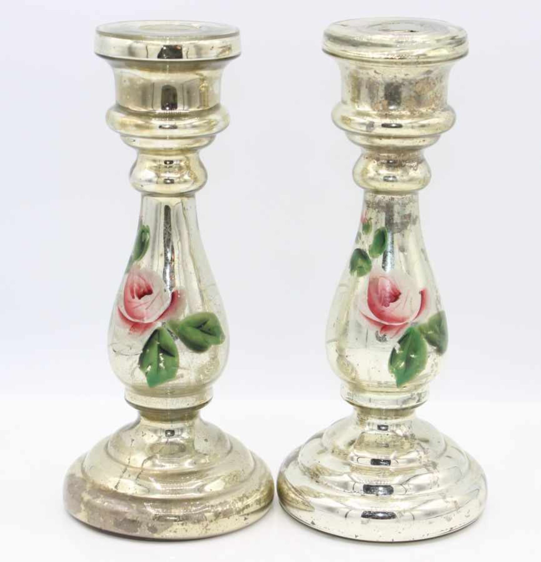 Paar alte Leuchter - Bauernsilber Rosendekor, 1-flammig, Altersspuren, Höhe ca. 19 cm, 2 Stück