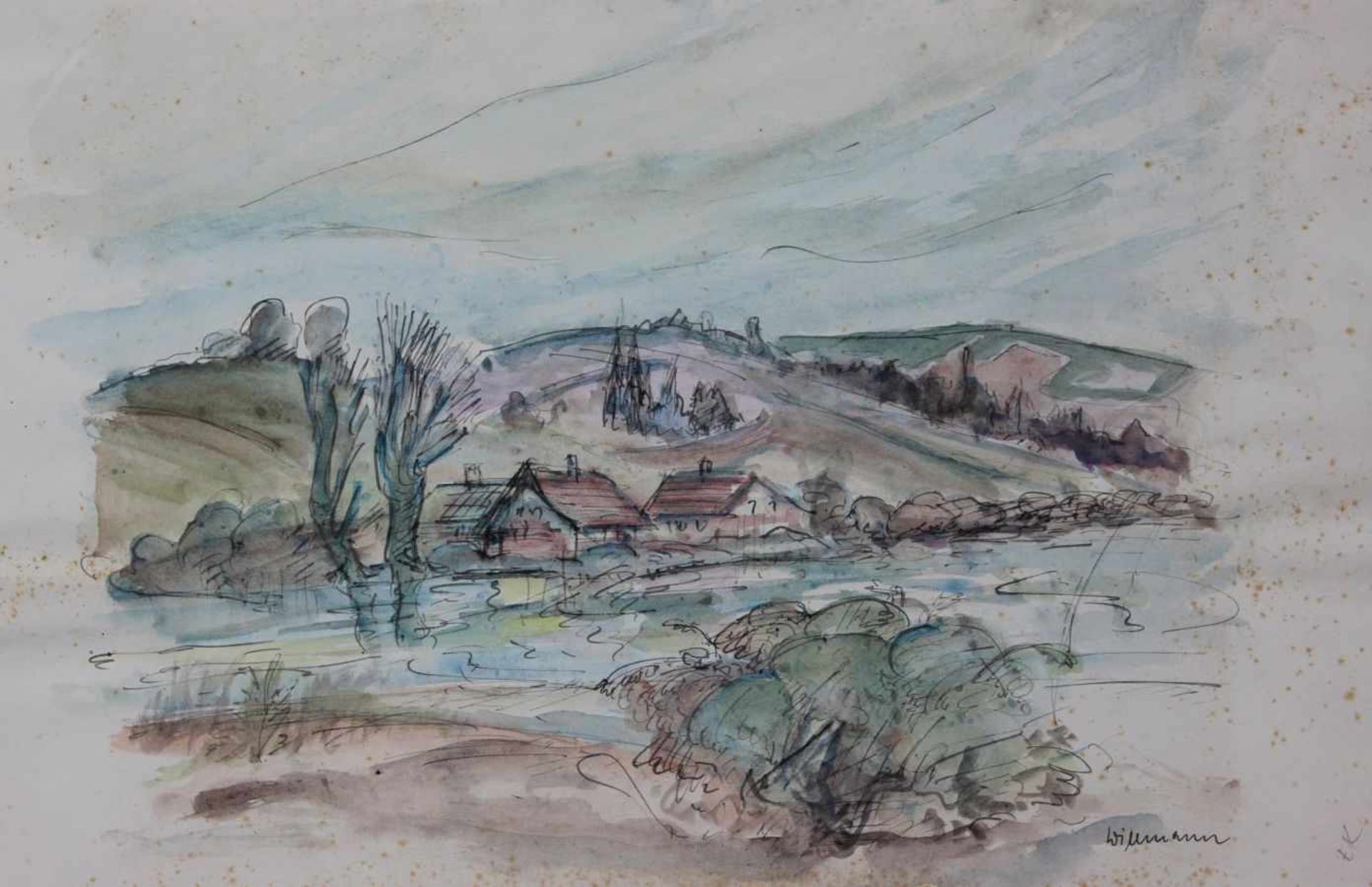 Paar Aquarelle - um 1940/50 "Donaulandschaften mit Stadtansicht Regensburg und Dorfansicht", 1 x