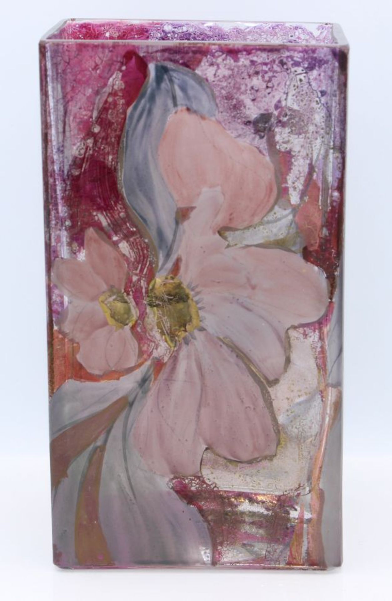 Vase - Design Hans Böhm (XX.Jahrhundert) rechteckiger farbloser Korpus, floral bemalt, signiert,