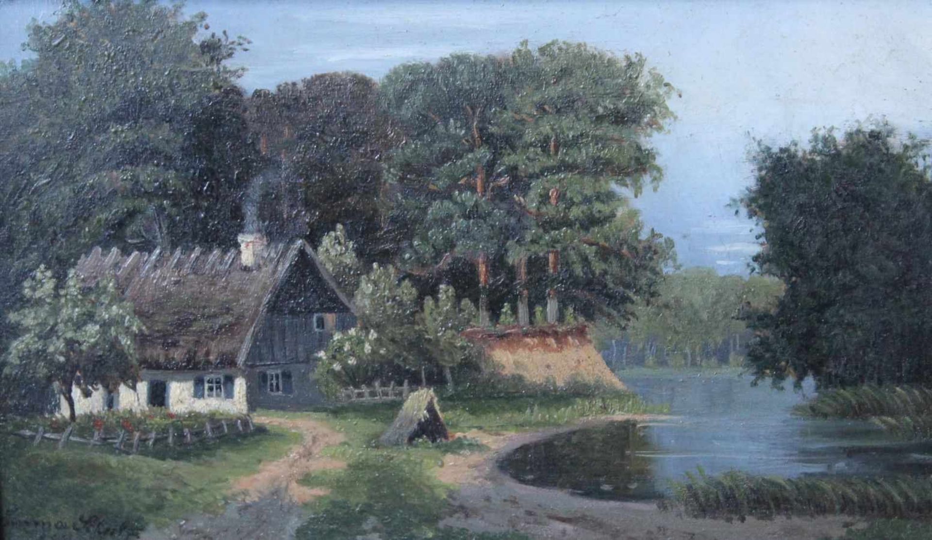 Gemälde aus dem 19.Jahrhundert "Landschaft mit Bauernhaus und See", l.u. undeutlich signiert (wohl