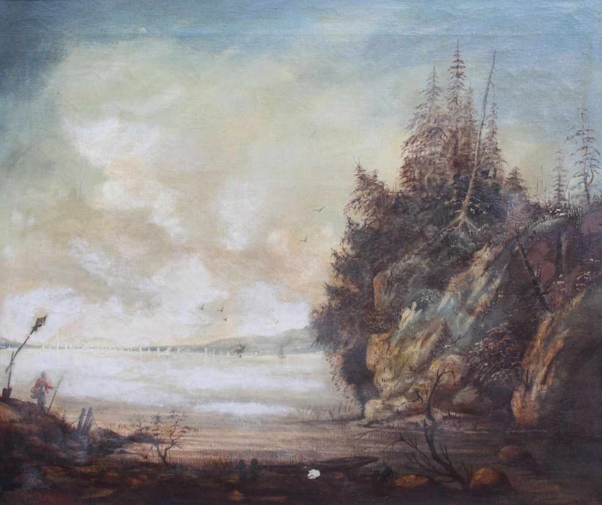 Gemälde - 19.Jahrhundert "Ideallandschaft mit Fischer, im Hintergrund niederländischer Hafen", l.