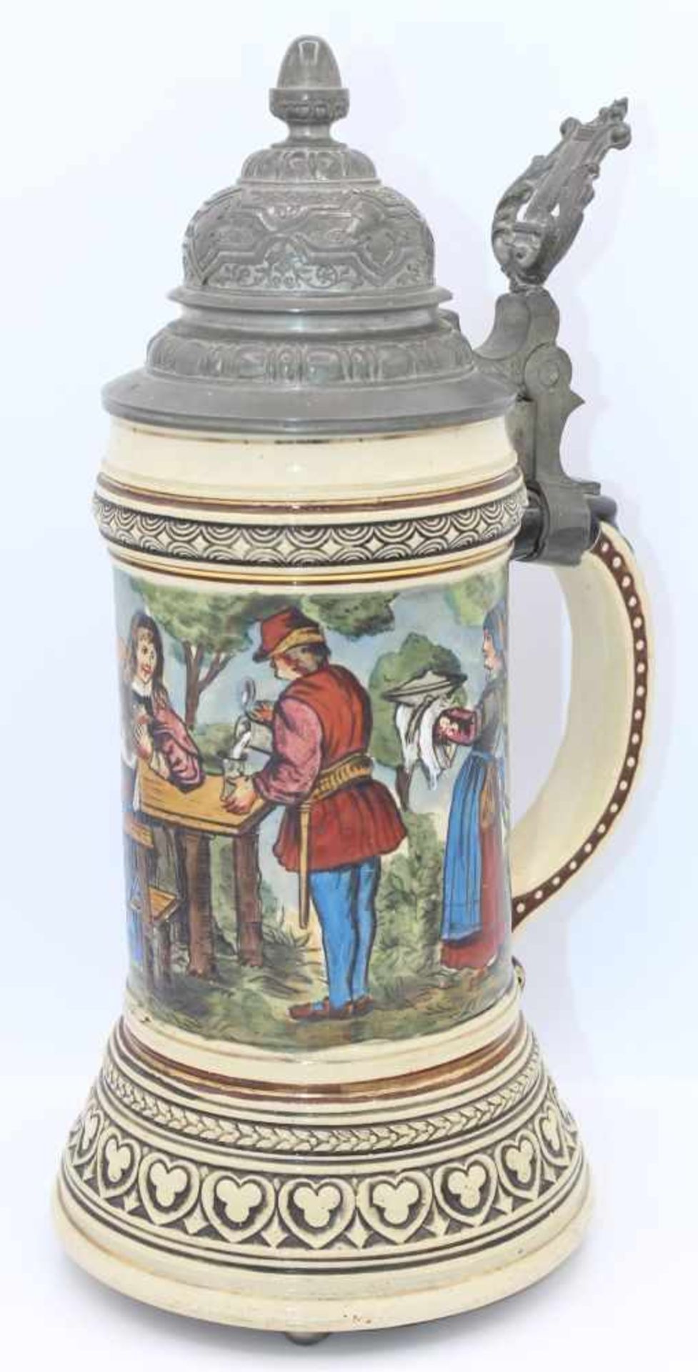 Bierkrug - deutsch 1.H.20.Jahrhundert mit Spielwerk, Keramik, umlaufend bunt staffiert mit