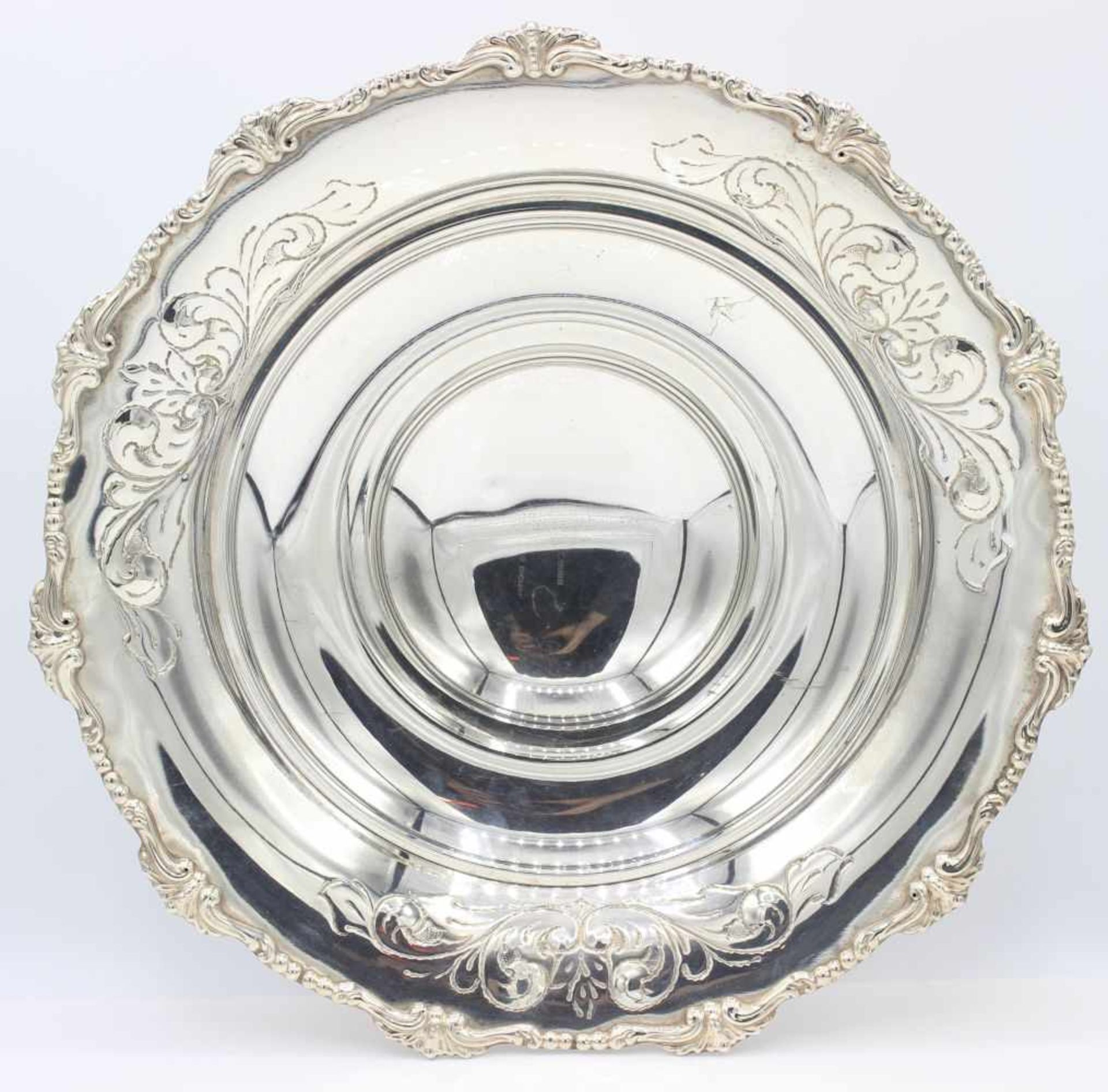 Silberschale - wohl Italien 20.Jahrhundert Silber gest. 800, runde Form mit Blattrand, graviert, d.=