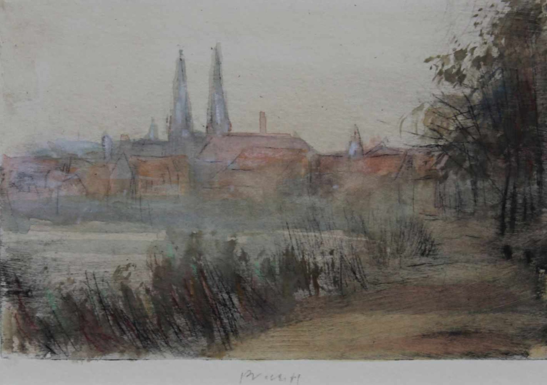 Aquarell auf Radierung - Gerhard Prechtl (1951 Regensburg) "Ansicht von Regensburg", u.M.
