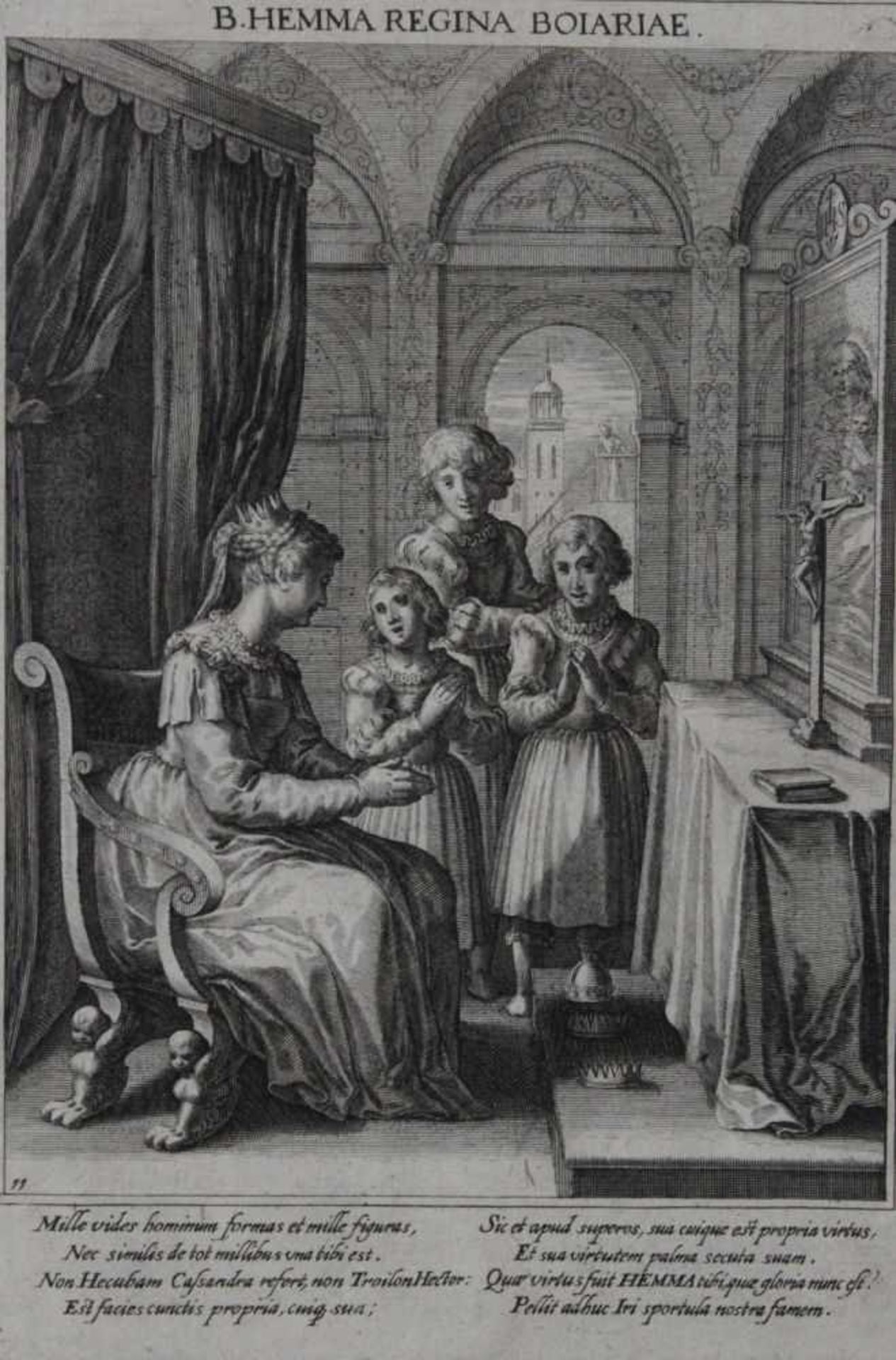 Kupferstich - Raphael Sadeler II (Antwerpen 1584 - 1632 München) "Hemma Regensburg - die Königin von