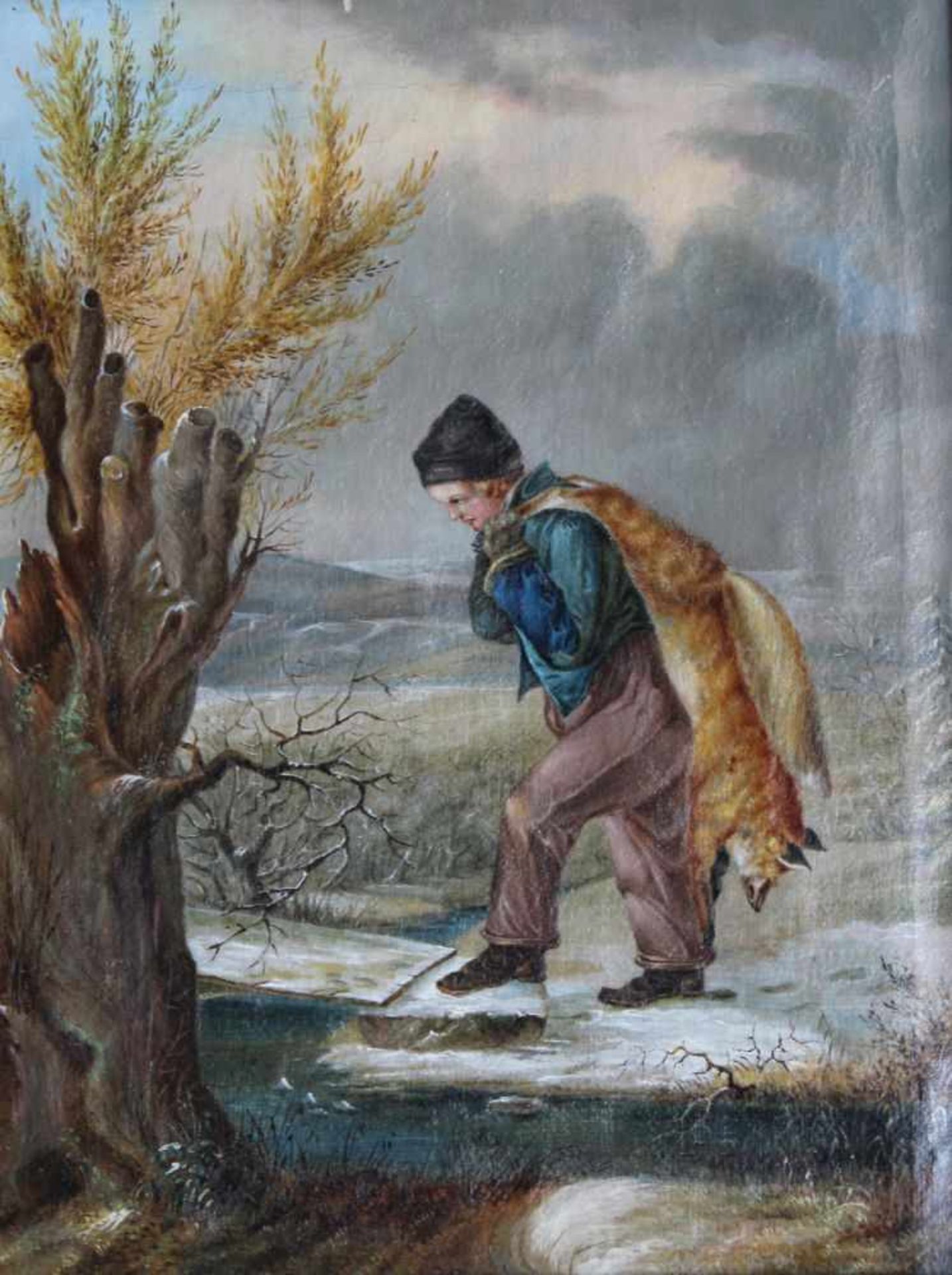 Gemälde - wohl deutsch um 1900 "Winterlandschaft - Knabe nach Fuchsjagd", unsigniert, Öl auf