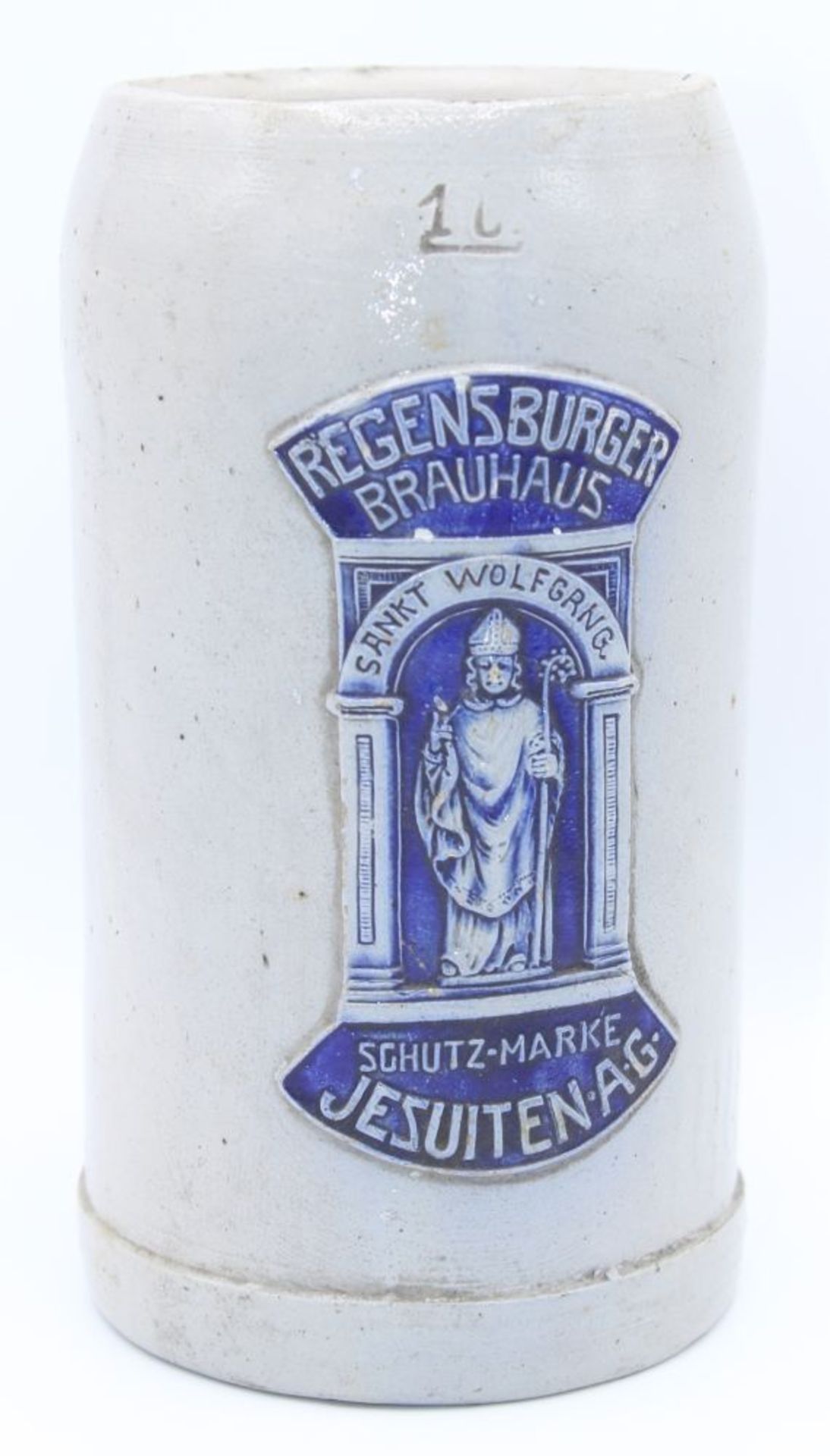 Alter Bierkrug Regensburger Brauhaus, Schutz-Marke Jesuiten AG, zentrale Darstellung mit Sankt