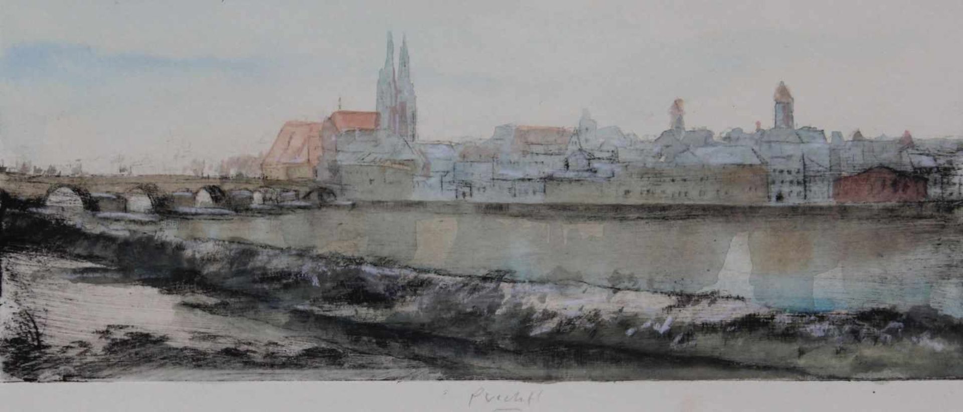 Aquarell auf Radierung - Gerhard Prechtl (1951 Regensburg) "Ansicht von Regensburg vom oberen