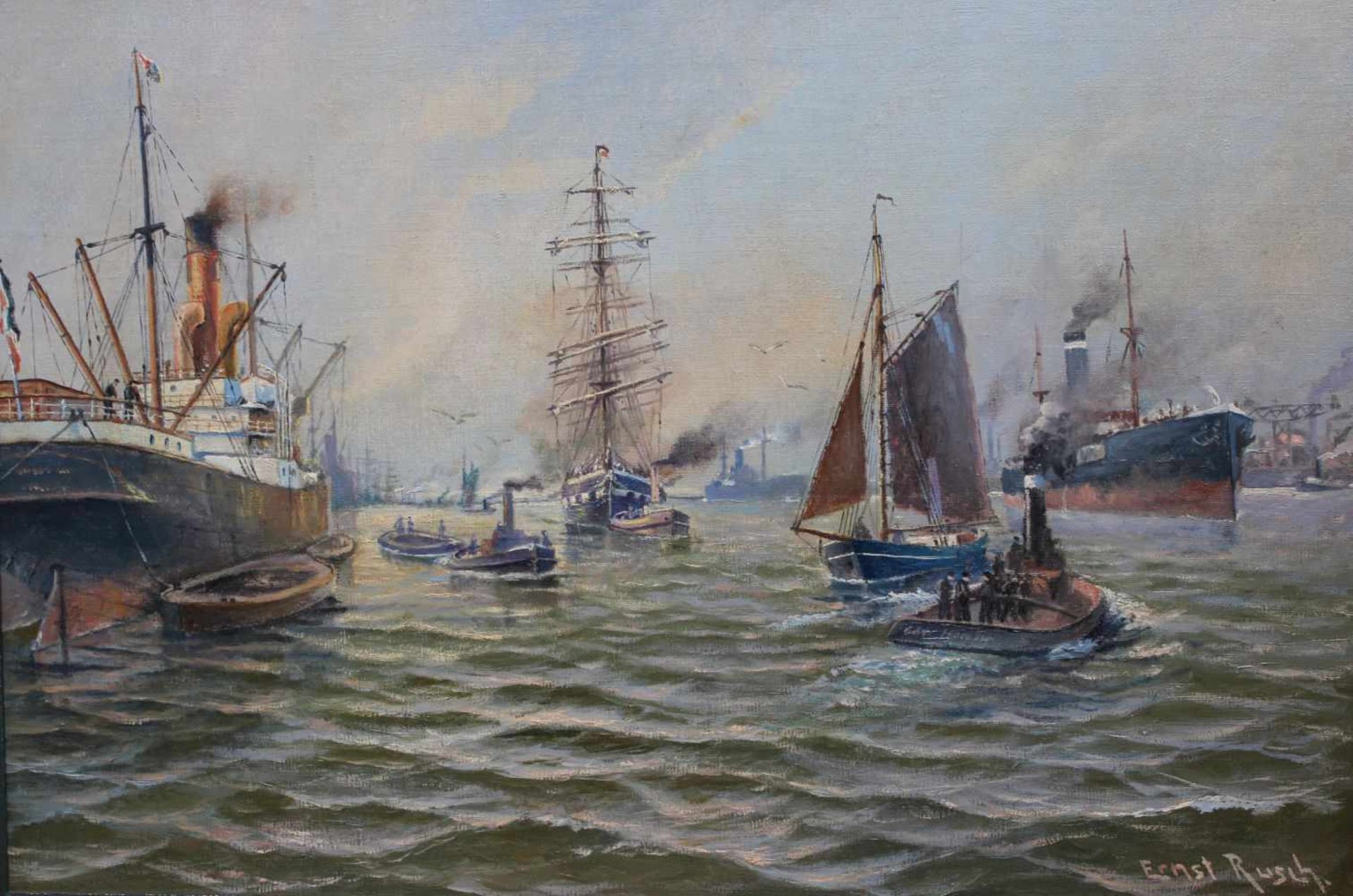 Gemälde - Ernst RUSCH (1886 Kolberg -1955 Cuxhaven) "Hafen mit zahlreichen Schiffen", r.u.